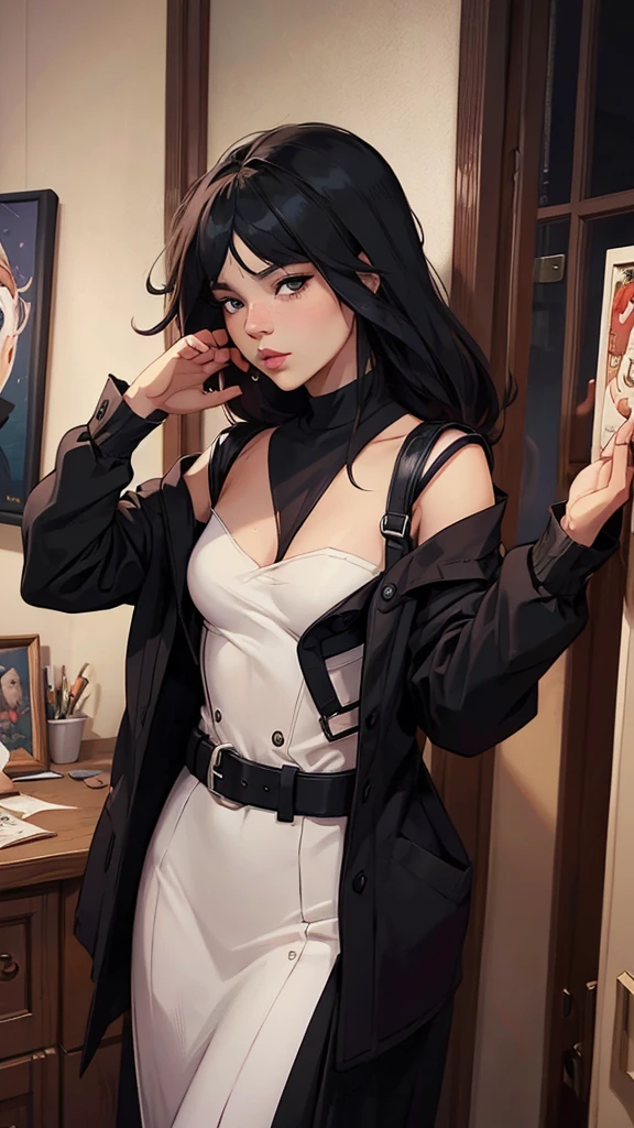 In the heart of surrealism, an exquisite illustration unfolds, presenting a captivating image of ChainSAW Man. The high resolution of 8k provides a canvas for the best illustration yet, showcasing the most intricate andextremely detailed features. The masterpiece wallpaper inhabitants a solitary figure, a Korean girl, her delicately beautiful face framed by long black hair, the tender eyes adorned with thin eyeliner and a small mole beneath, conveying an air of mystery and allure. She dons a long-sleeved shirtthat accentuates her slender frame and reveals her medium-sized breasts. The illustration focuses on her upper body