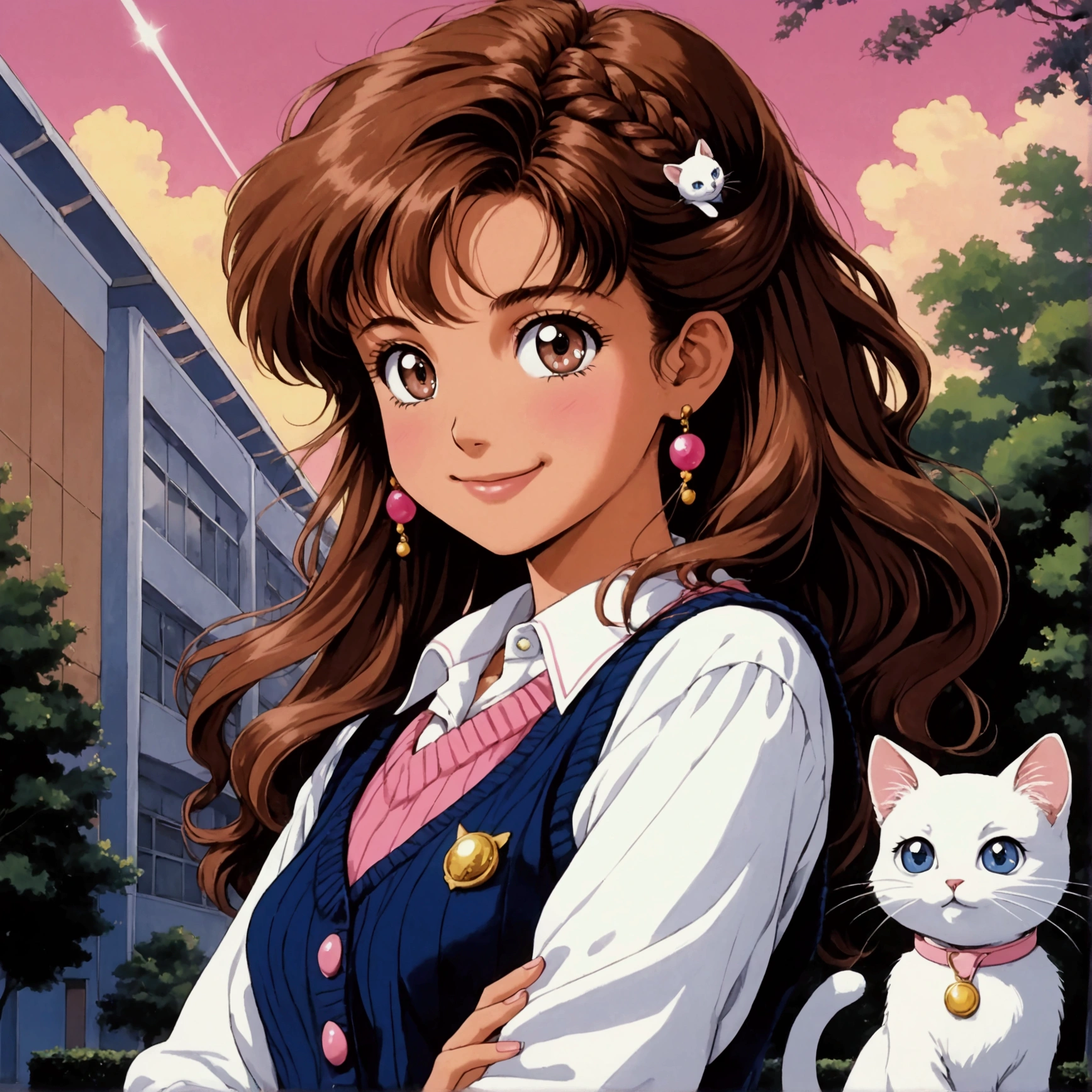 1girl, Brown Hair, Bangs, Curtained Hair, Braid, Smile, Sparkling Eyes, Byoukidere, White Cat Hairclip, 80s Anime, White Button Up, Pink Sweater Vest, Navy Blue Skirt, Small Breasts, School Background, Hip Shot