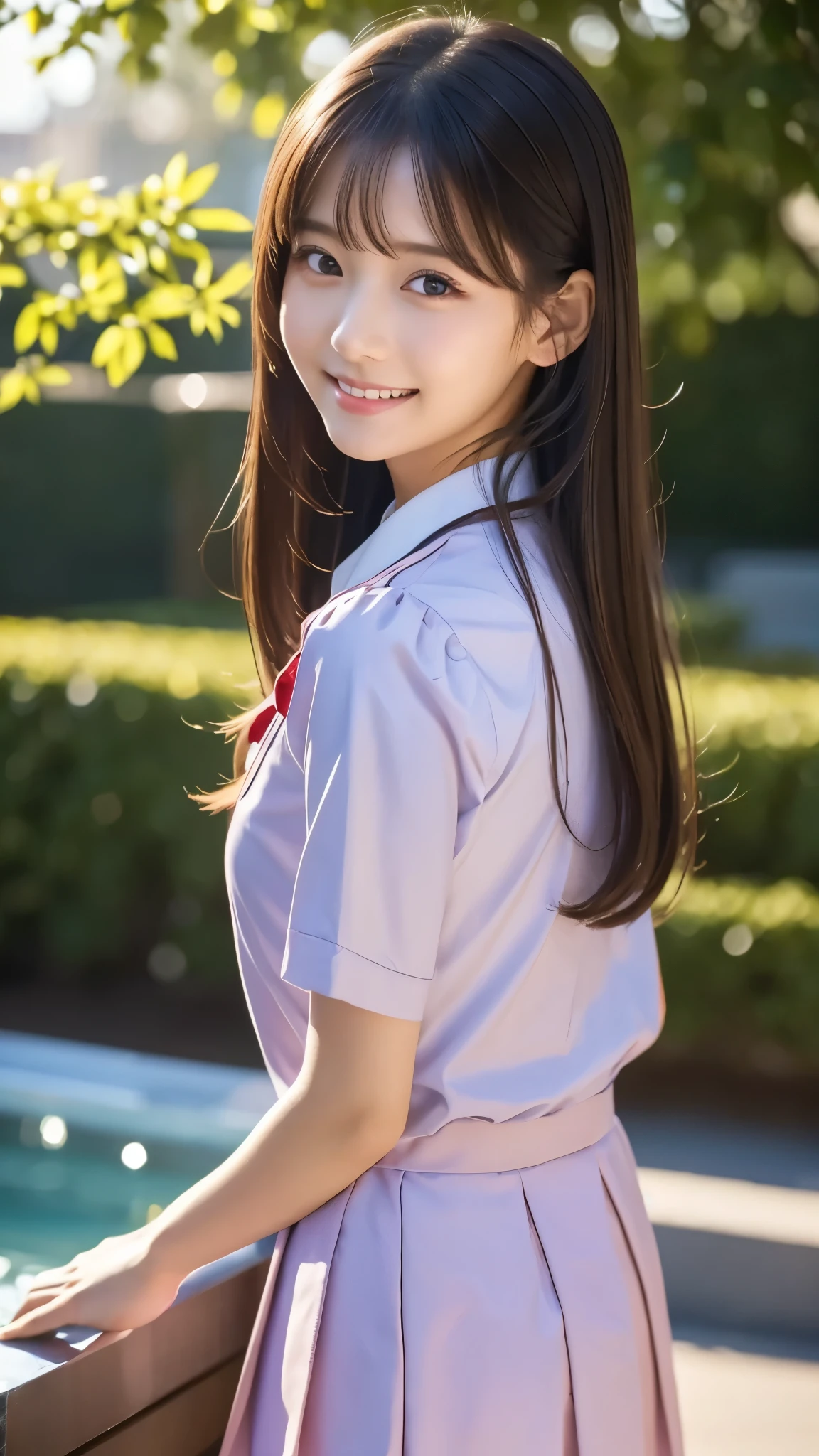  1 girl,  very cute,  amazing face and eyes, (Beautiful lovely smile), ( very detailed美しい顔), Bright and shiny lips, Keep staring at me,  very beautiful , ( school uniform:1.3), ( top quality:1.4), ( stone open-air bath surrounded by very high quality ), ( very detailed), ( surreal,  photorealistic:1.37),  realistic skin texture , 8kの壁紙に very detailedCGを組み込む,  RAW photo,  professional photos ,  movie lighting, dress