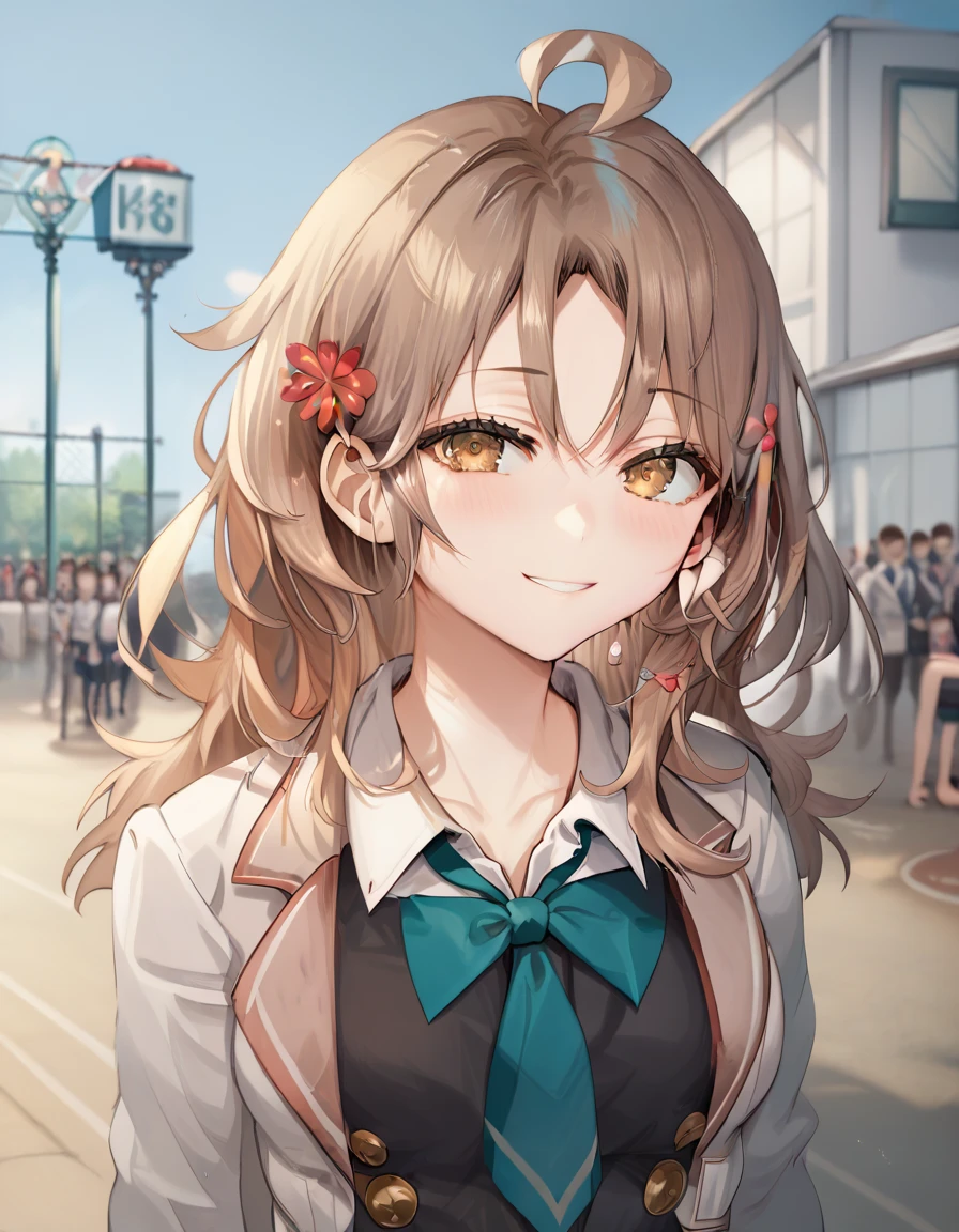 score_9,score_8_up,score_7_up,score_6_up BREAK official art,solo,outdoors,upper body,(portrait:1.5),looking at viewer,facing viewer,smile,Mariya Mikhailovna Kujou,ahoge,long hair,brown hair,hair ornament,hair flower,sidelocks,hair between eyes,parted bangs,brown eyes,school uniform,grey jacket,cropped jacket,open clothes,open jacket,wing collar,green bowtie,black dress,pleated dress,collared shirt,white shirt,medium breasts,skindentation,long sleeves,zettai ryouiki,black thighhighs,black footwear,loafers,