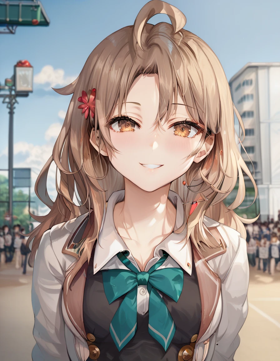 score_9,score_8_up,score_7_up,score_6_up BREAK official art,solo,outdoors,upper body,(portrait:1.5),looking at viewer,facing viewer,smile,Mariya Mikhailovna Kujou,ahoge,long hair,brown hair,hair ornament,hair flower,sidelocks,hair between eyes,parted bangs,brown eyes,school uniform,grey jacket,cropped jacket,open clothes,open jacket,wing collar,green bowtie,black dress,pleated dress,collared shirt,white shirt,medium breasts,skindentation,long sleeves,zettai ryouiki,black thighhighs,black footwear,loafers,