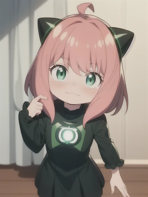 Anya Forger, at home, (small stature:1.5), 2 black cones in hair, pink hair, green eyes, nice environment, super detailed, high quality, neon green and black suit, light neon green lantern logo on the chest, best quality, masterpiece, high resolution, ((green ring)) on his right middle finger, dark green eyes mask, straight face, detailed face, detailed suit, Green Lantern outfit