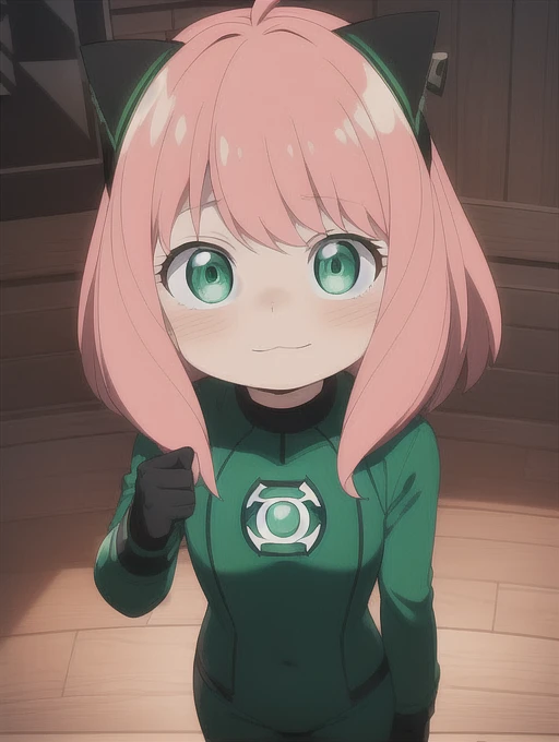 Anya Forger, at home, (small stature:1.5), 2 black cones in hair, pink hair, green eyes, nice environment, super detailed, high quality, neon green and black suit, light neon green lantern logo on the chest, best quality, masterpiece, high resolution, ((green ring)) on his right middle finger, dark green eyes mask, straight face, detailed face, detailed suit, Green Lantern outfit