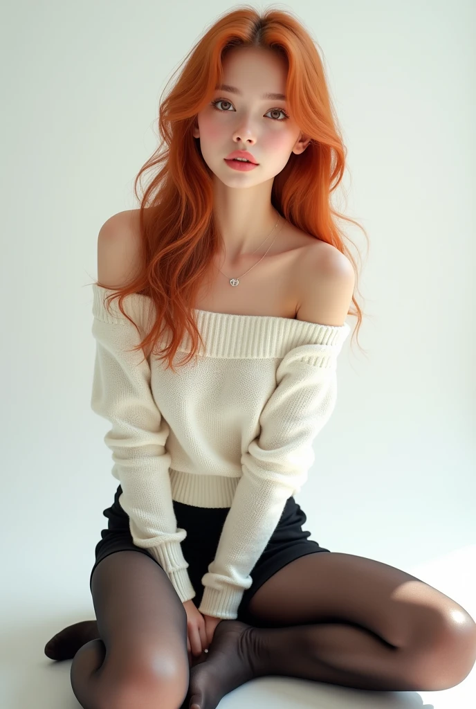 pose sexual. 1 girl, 24 years old, (bright red hair:1.3), shoulder length hair, parts, Blue eyes, Photo (Photorealism:1.4), realistic anatomy, medium breasts, sitting by the railing wearing a random color sweater and black boots, upskirt , with a red turtleneck sweater, perfect pose, pose casual, attractive pose, Shot from below, thoughtful pose, full body shot, striking pose, complete cinematographic shot, very artistic pose, voluminous sleeves, pose genial, sitting on a very high railing , only the farthest knee is raised along the railing, and the leg closest to the viewer is hanging, WITHOUT PANTS, under the skirt, strong focus on lower thighs, the viewer is positioned at a very low angle, massive neckline, pose sexual.