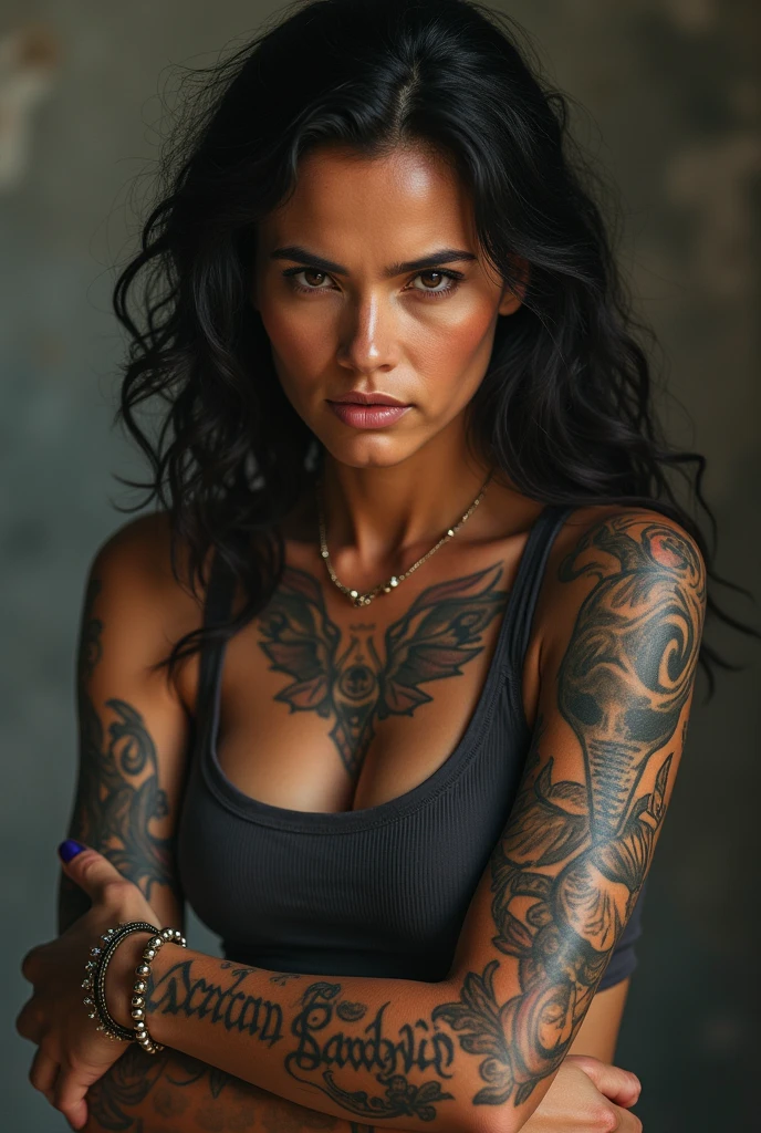 (best quality, hyperdetailed photography:1.2), beautiful lady, scar's face, tattoos breast,(muscular body:1.1),, black hair, , ((Spartan badass warrior )) ,,,, ponytail,badass woman,, Dynamic pose,,(massive perfect breast:1.0), (upper body portrait), (cinematic shot:1.5), (movie photography:1.2), cinematic lights,, (perfect light, Ray's,),(ultra detailed skin texture:1.3)