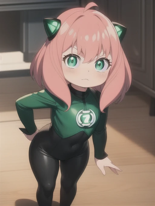 Anya Forger, at home, (small stature:1.5), 2 black cones in hair, pink hair, green eyes, nice environment, super detailed, high quality, green and black suit, light green lantern logo on the chest, best quality, masterpiece, high resolution, ((green ring)) on his right middle finger, dark green eyes mask, straight face, detailed face, detailed suit, Green Lantern outfit, power