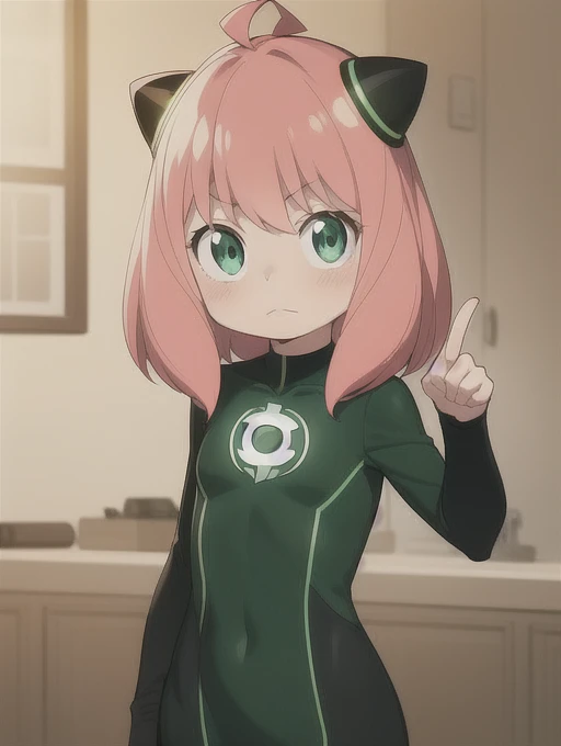 Anya Forger, at home, (small stature:1.5), 2 black cones in hair, pink hair, green eyes, nice environment, super detailed, high quality, neon green and black suit, light neon green lantern logo on the chest, best quality, masterpiece, high resolution, ((green ring)) on his right middle finger, dark green eyes mask, straight face, detailed face, detailed suit, Green Lantern outfit