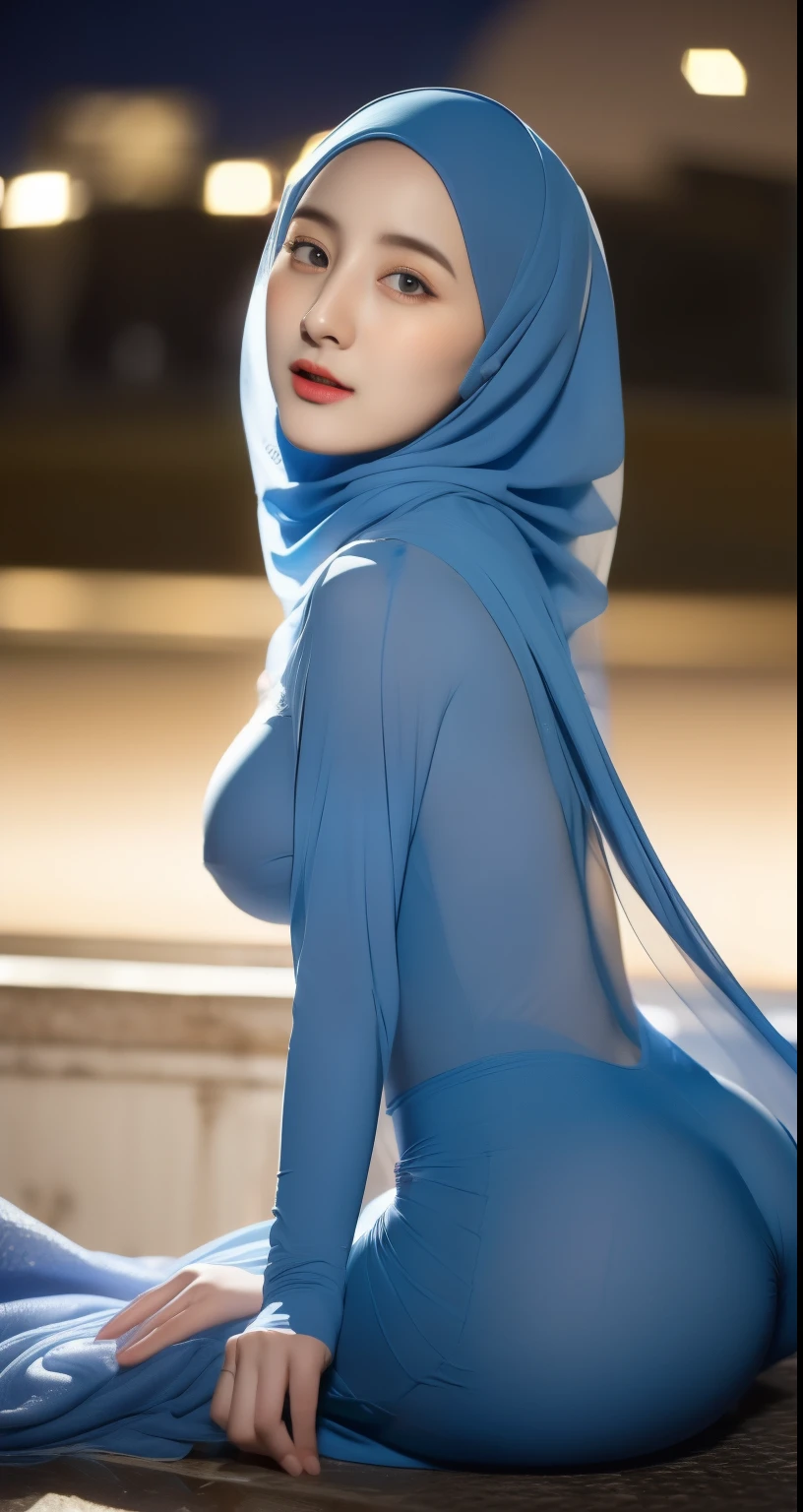 3DMM, ((Masterpiece, best quality, photography, detailed skin, realistic, photo-realistic, 8k, highly detailed, full length frame, High detail RAW color art, diffused soft lighting, shallow depth of field, sharp focus, hyperrealism, cinematic lighting, hijab, a woman in a beautifully makeup, smokey eyeshadow, beautiful big eyes, long eye lashes, wearing (aqua satin hijab), loosely tide hijab style, ((gray satin outfit)), cleavage, short skirt