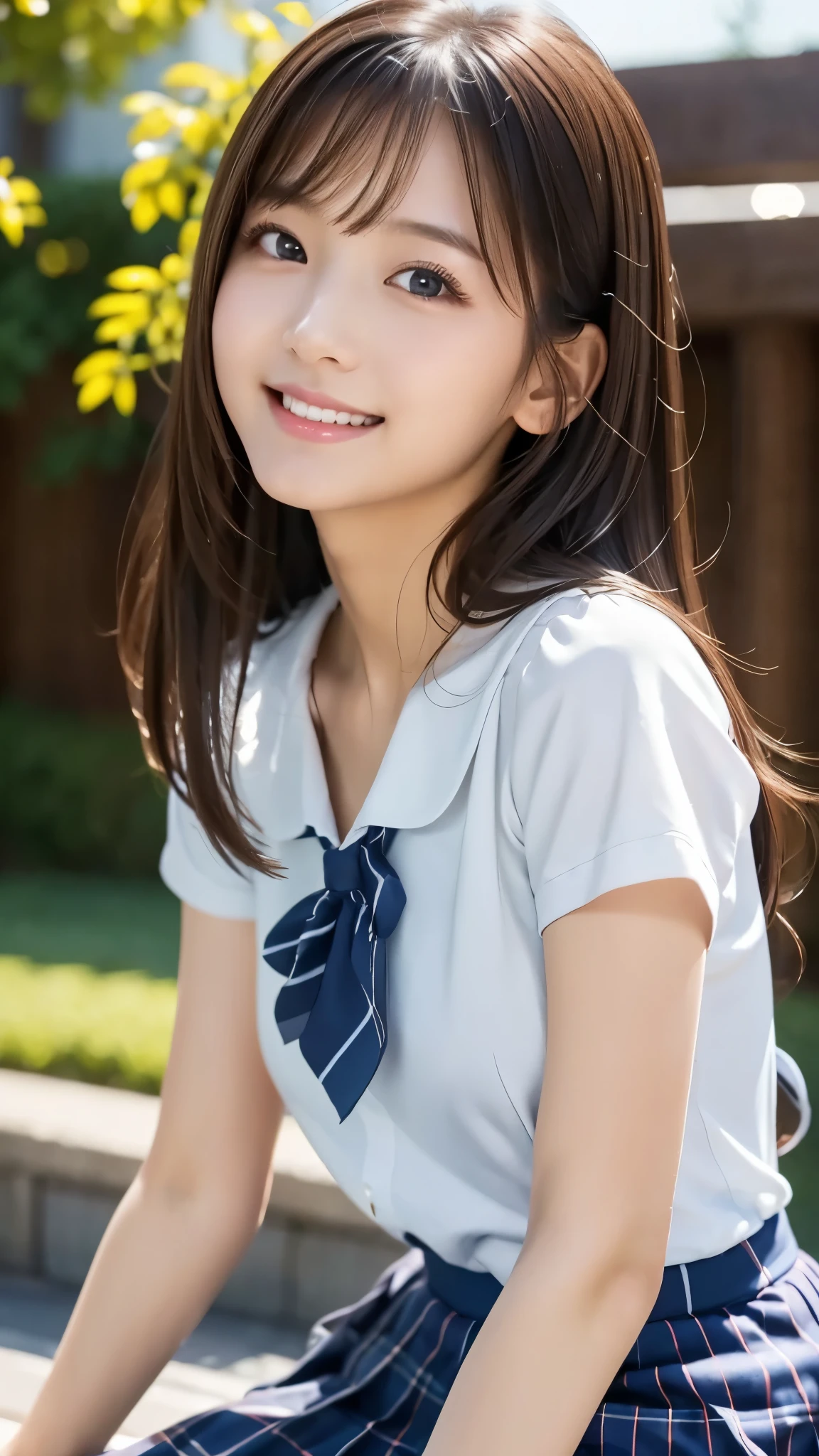  1 girl,  very cute,  amazing face and eyes, (Beautiful lovely smile), ( very detailed美しい顔), Bright and shiny lips, Keep staring at me,  very beautiful , ( school uniform:1.3), ( top quality:1.4), ( stone open-air bath surrounded by very high quality ), ( very detailed), ( surreal,  photorealistic:1.37),  realistic skin texture , 8kの壁紙に very detailedCGを組み込む,  RAW photo,  professional photos ,  movie lighting, dress