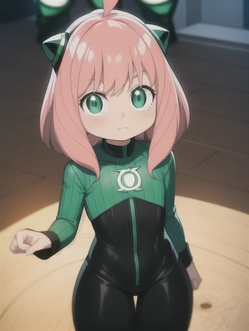 Anya Forger, at home, (small stature:1.5), 2 black cones in hair, pink hair, green eyes, nice environment, super detailed, high quality, neon green and black suit, light neon green lantern logo on the chest, best quality, masterpiece, high resolution, ((green ring)) on his right middle finger, dark green eyes mask, straight face, detailed face, detailed suit, Green Lantern outfit, flying, space