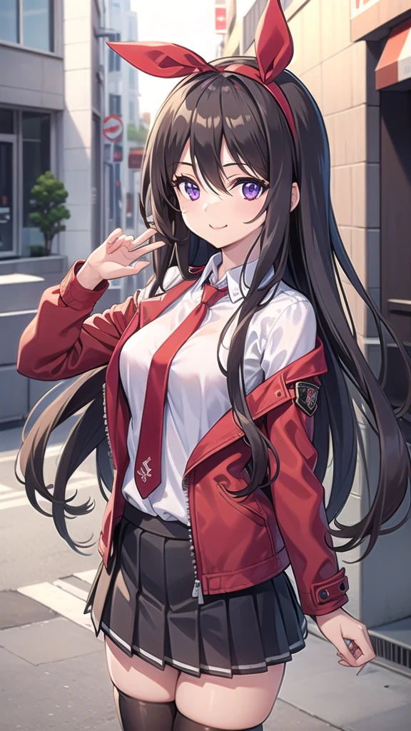 ((masterpiece)),(best quality),official art,extremely detailed CG,unity 8k wallpaper,ultra detailed,beautiful detailed eyes,extremely detailed face,street,1girl,solo,cowboy shot,looking at viewer,facing viewer,smile,(petite:1.3),yuuouji ouka,very long hair,brown hair,floating hair,red hairband,hair ribbon,red ribbon,hair bow,sidelocks,hair between eyes,purple eyes,red jacket,open jacket,wing collar,collared shirt,white shirt,taut shirt,long sleeves,large breasts,plaid necktie,necktie between breasts,miniskirt,grey skirt,pleated skirt,zettai ryouiki,black thighhighs,boots,