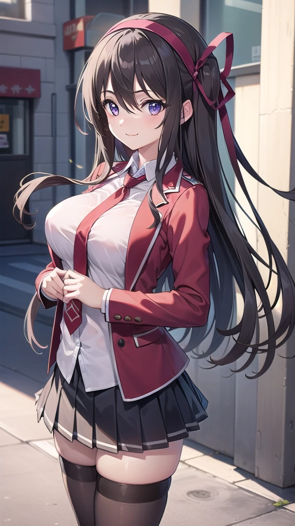 ((masterpiece)),(best quality),official art,extremely detailed CG,unity 8k wallpaper,ultra detailed,beautiful detailed eyes,extremely detailed face,street,1girl,solo,cowboy shot,looking at viewer,facing viewer,smile,(petite:1.3),yuuouji ouka,very long hair,brown hair,floating hair,red hairband,hair ribbon,red ribbon,hair bow,sidelocks,hair between eyes,purple eyes,red jacket,open jacket,wing collar,collared shirt,white shirt,taut shirt,long sleeves,large breasts,plaid necktie,necktie between breasts,miniskirt,grey skirt,pleated skirt,zettai ryouiki,black thighhighs,boots,