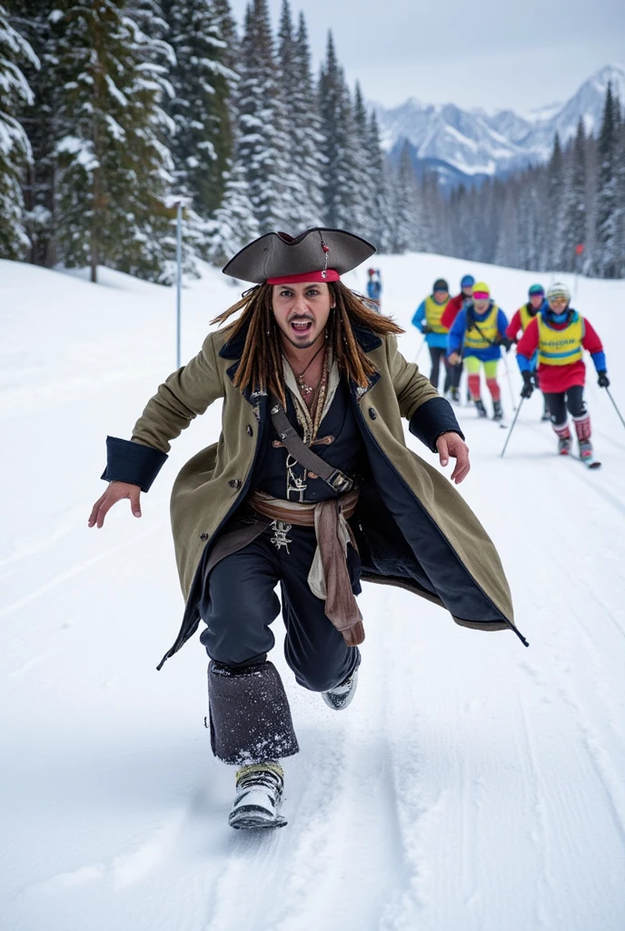 Create the image of of the actor "john depp" dressed in "Jack Sparrow"   with a desperate face and running with a complete ski kit running away from several ski competitors after him in the snow, 