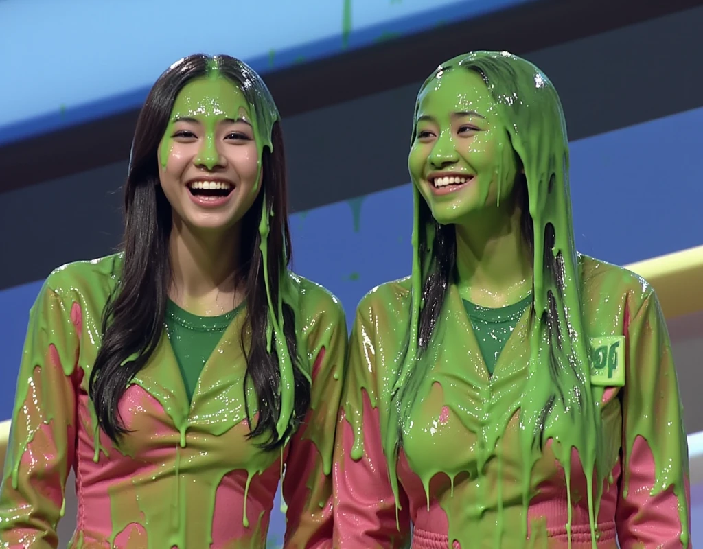 Cinematic photograph of two beautiful Korean woman covered in green slime. Photorealistic. F/1.8 aperture. 35mm. Glistening liquid. Green slime. Slime. Dripping green goo. Raw photo. (Korean girl: 1.3). Korean. Korean woman. Beautiful Korean model. Round face. Wearing pink sweetheart dress. Cleavage. Black hair. Gameshow. Film photo. Winged eyeliner. 30 years old. 2girls.