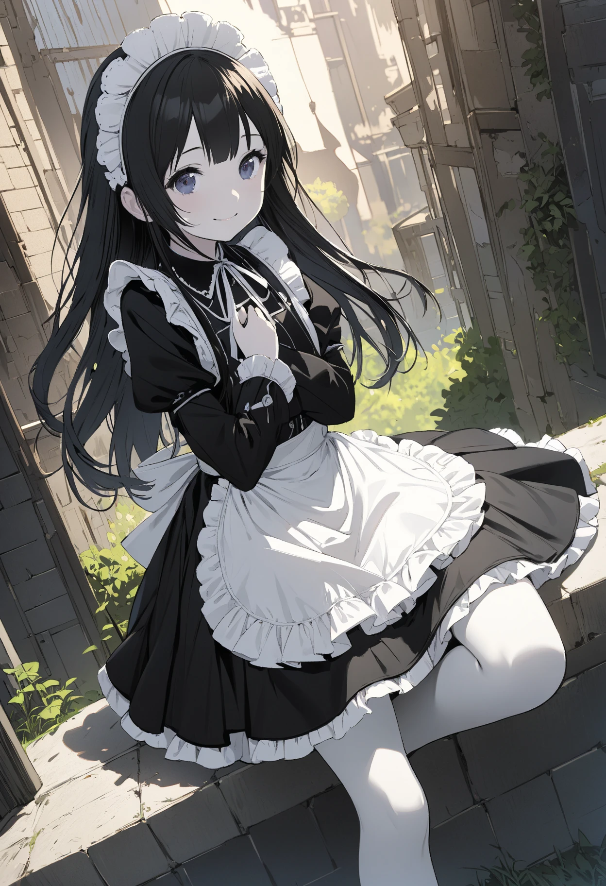 1 woman, cool, masculine, cross-dressing, gothic clothes, gothic, one-piece, knee-high socks, black socks, skirt, black clothes, white frills, black hair, long hair, thick eyebrows, boyish, sake, headdress, black lips , lots of frills