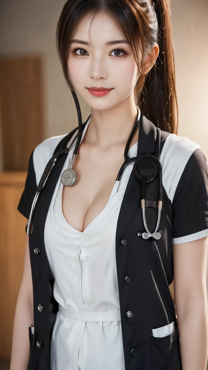 ( nurse uniform  : 1.5), (nurse : 1.5), ( with stethoscope : 1.5), ( ponytail : 1.5), (upper body : 1.5),  pose、(ambulance background  : 1.5), (Delicate and realistic hair, Realistic black Hair), bangs, smile, ((white indoor)), ( 18 year old female : 1. 2), young and adorable Japanese face, Official Art, high definition CG Unity 8k wallpaper,Ultra high definition ,Very detailed, half photos with Brazil, high definition , Kodak Portrait 400, film grain , lens flare glow, best quality,8k, as a portrait shot,8k, Show viewer , ((masterpiece)), (( best quality)), ( super detailed), ((cute)), (( sexy)), (( Very detailedな)), (detailed clothing features), (beautiful), Illustration, beautiful Japanese woman, ((1 female)), (Bold Cleavage : 1.3)