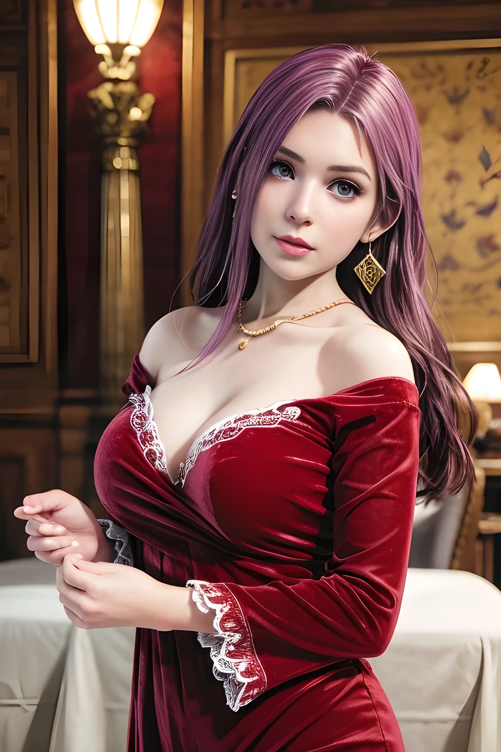 (1girl:1.5) , Dressed in luxurious red (velvet long-sleeved dress: 1.5), she has an elegant pose and gazes forward. She has flowing wavy hair and wears delicate earrings that complement her classical look. The background is a cozy vintage interior with white chest of drawers, golden candlesticks and wooden decorations, creating a warm and sophisticated atmosphere.,  ,huge breasts,expressive eyes, perfect face,(best quality,8k,highres,masterpiece:1.2),ultra-detailed,(realistic,photorealistic,photo-realistic:1.37),studio lighting,ultra-fine painting,sharp focus,physically-based rendering,extreme detail description,professional,vivid colors,