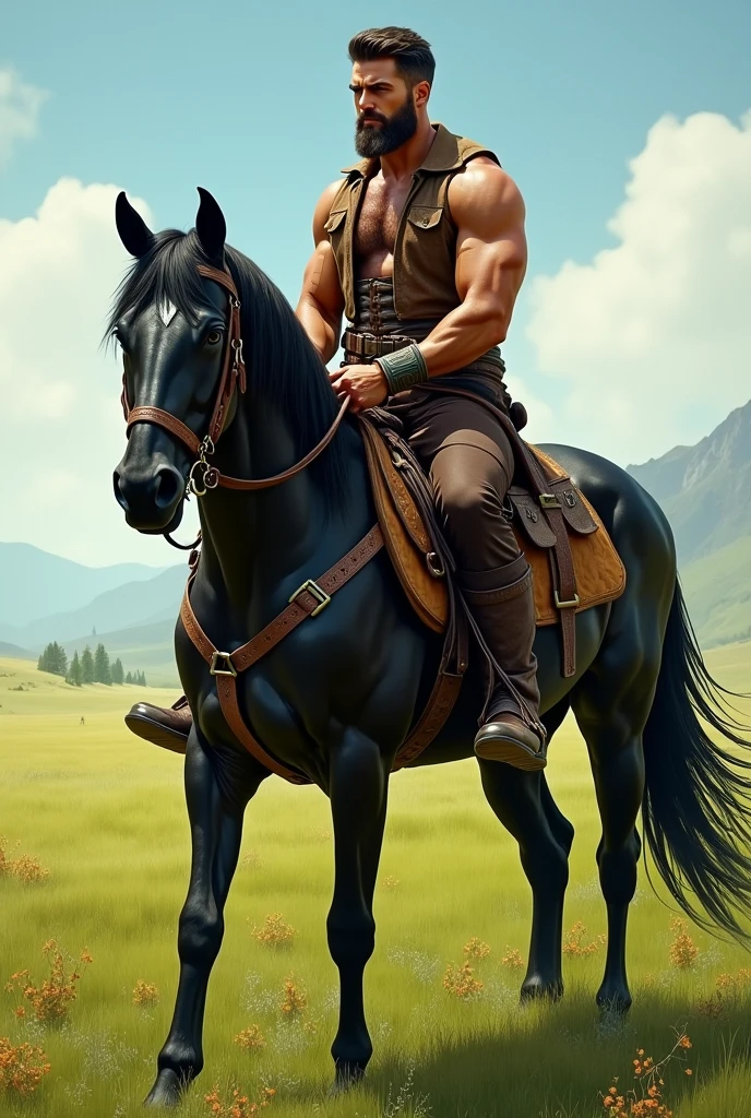 Young man with light blue eyes, pale blonde hair and a hairy and vigorous body on a black horse