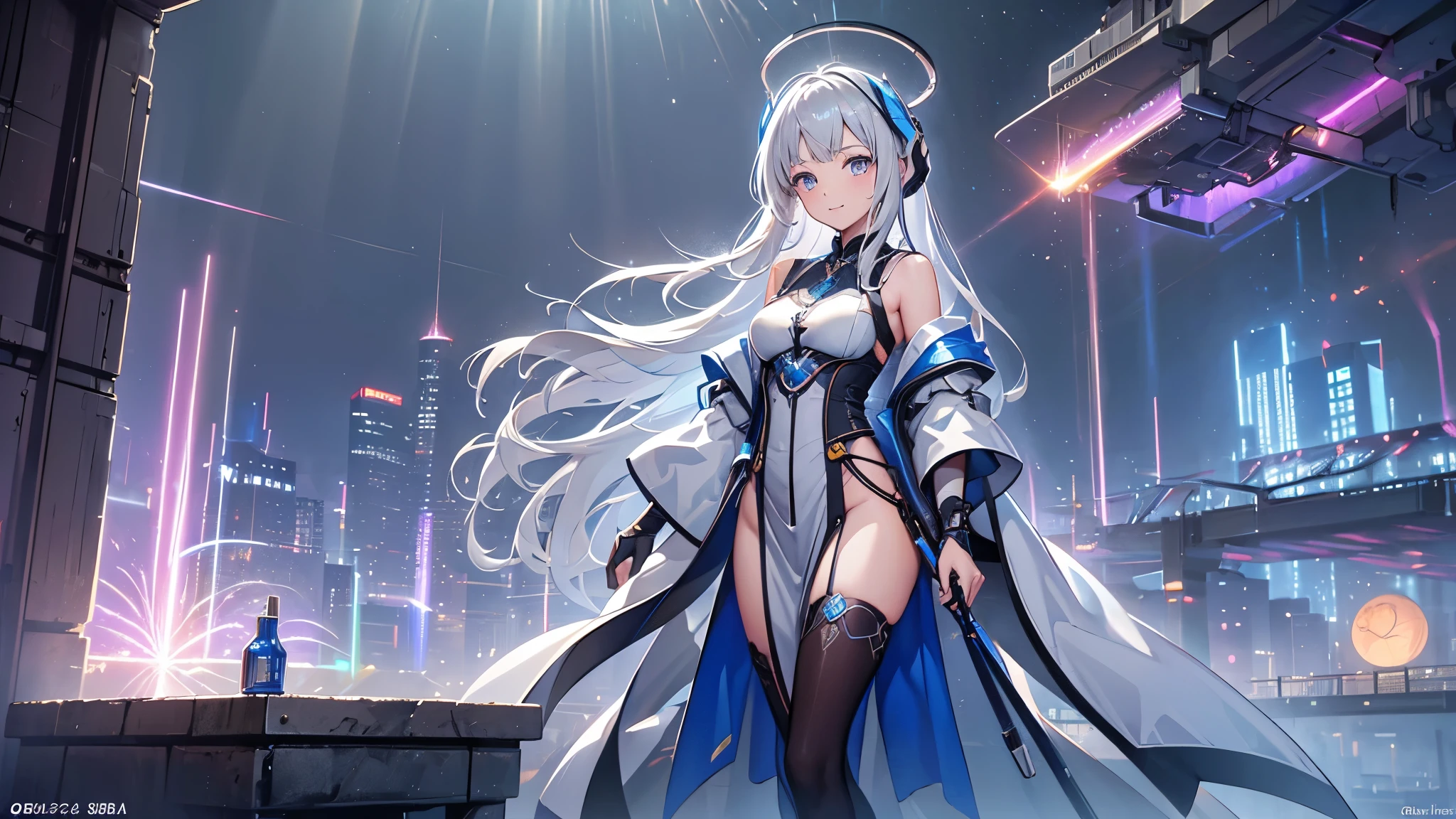 (    are of the best quality ,4K,8K,    high resolution, masterpiece :1.2),       Super Detailed      ,  girl ，Holy，(    silver white hair    ) ，obsessed，  Standing elegantly，玩得   happy   ，in love，  Lovely cloth    ，  Exquisite Outfits，pattern，  happy   ， Sci-fi city ，  Unique  ，Small amount of armor  ， confrontation ，rain，   sci-fi combat costume  ， laser auroras ，Falling 