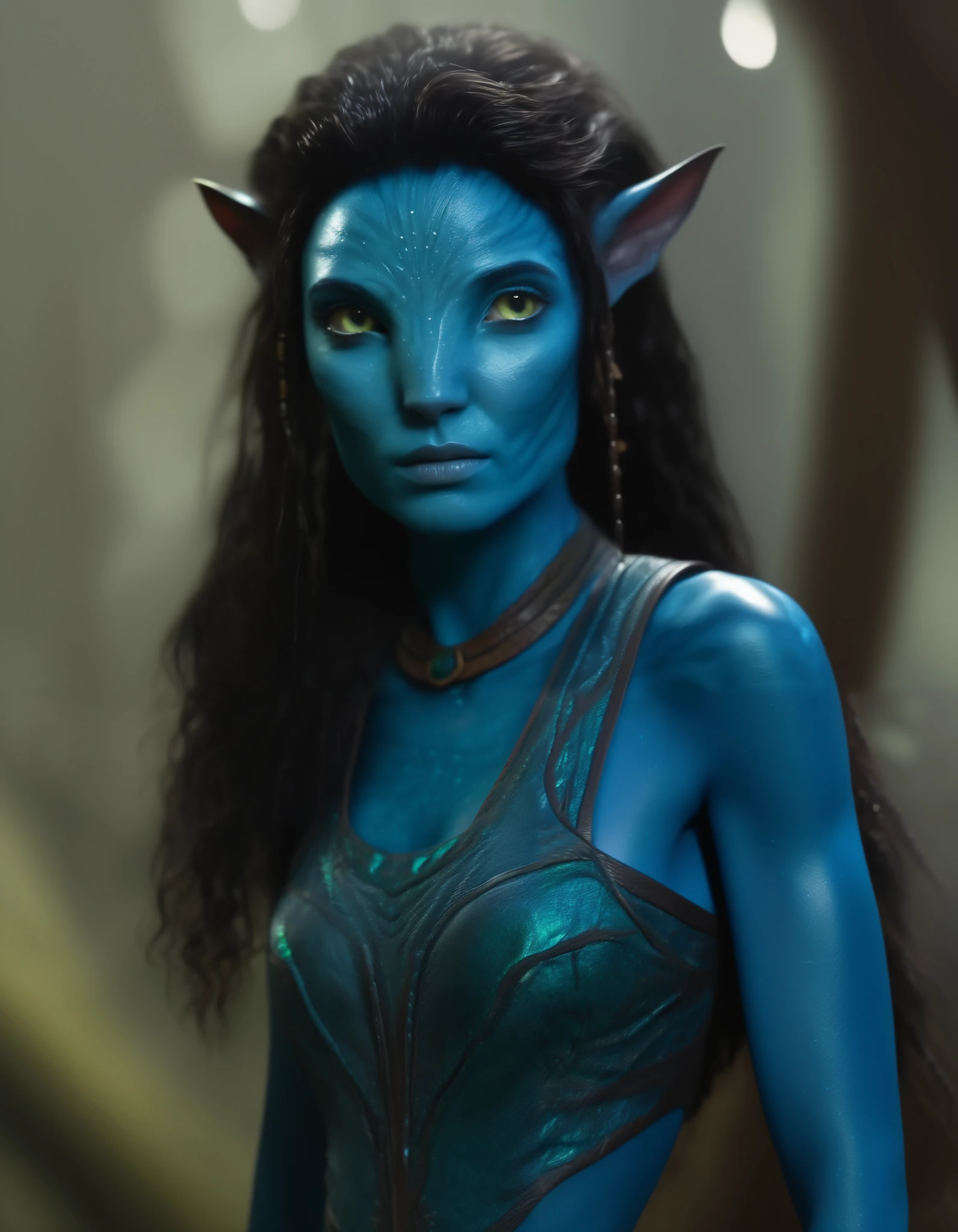 (facial portrait), na&#39;vi, 1 , female, ( dark brown eyes), (( large detailed alien eyes)), (( Eyebrow Free )), ((pointy ears)), ( blue-skinned tom), ( curly hair),  dark brown hair color, (( long hair)), (Young), , Facial wrinkles, ((wearing women's human clothing )),  detailed eyes ,  toned body ,  muscular body ,  vibrant colors, shining, ethereal atmosphere,  deep in the forest ,  surrealistic and dreamy lighting ,  textured leather ,  otherworldly beauty , mesmerizing photography , ( best quality ,  highres icon),  vivid colors ,  ultrarealistic ,   SKIN DETAILS  , sfw, close-up do rosto,ultra-detailed body