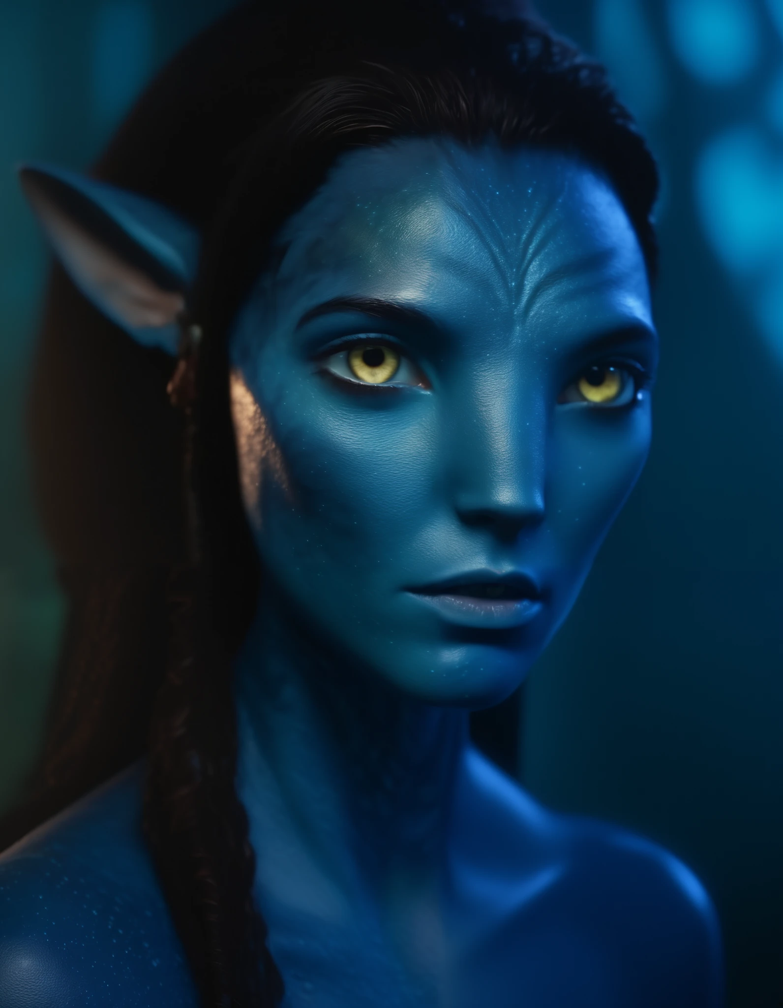 (facial portrait), na&#39;vi, 1 , female, ( dark brown eyes), (( large detailed alien eyes)), (( Eyebrow Free )), ((pointy ears)), ( blue-skinned tom), ( curly hair),  dark brown hair color, (( long hair)), (Young), , Facial wrinkles, ((wearing women's human clothing )),  detailed eyes ,  toned body ,  muscular body ,  vibrant colors, shining, ethereal atmosphere,  deep in the forest ,  surrealistic and dreamy lighting ,  textured leather ,  otherworldly beauty , mesmerizing photography , ( best quality ,  highres icon),  vivid colors ,  ultrarealistic ,   SKIN DETAILS  , sfw, close-up do rosto,ultra-detailed body