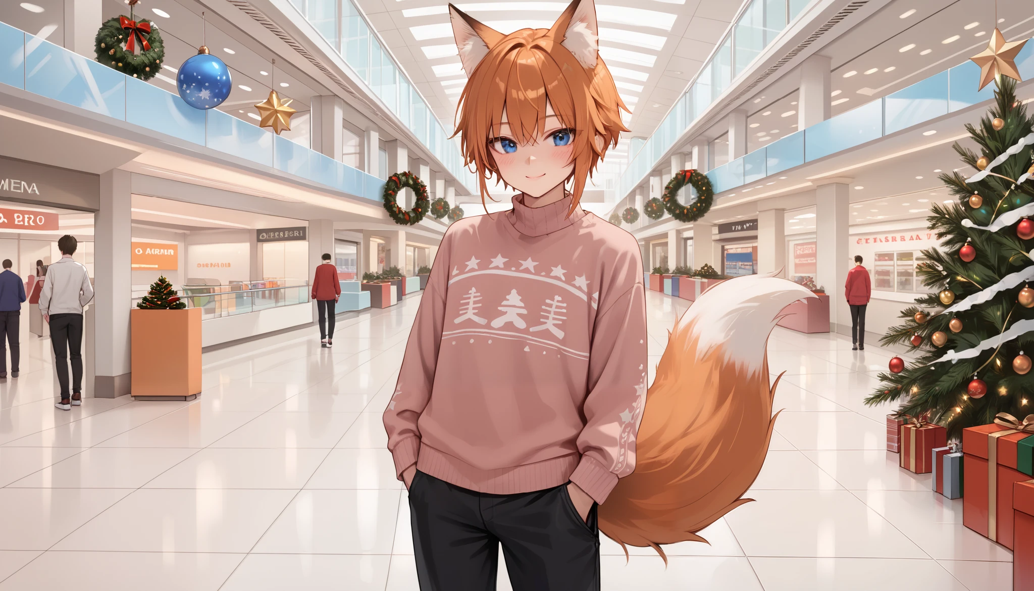 score_9_up, score_8_up, score_7_up, 1boy, solo, source_anime, Beautiful eyes, ((sfw, rating:general)), kemonomimi, , fox ears, fox tail, orange hair, short hair, blue eyes BREAK 

Pink sweater, long sleeves, black pants BREAK 

Indoors, mall, christmas, christmas tree, standing, looking at viewer, smile, blush, closed mouth BREAK 