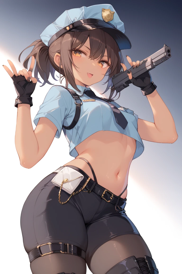  A girl,  brown hair , holding a gun with one hand ,  with a large pet collar with small black spikes,  short hair with a ponytail,  golden eyes ,  small breasts ,  thick thighs,  tanned skin, wearing a black bodysuit, wearing a police shirt ,  wearing a police vest ,  with black fingerless gloves with metallic ornaments ,  wearing black tights under large black shorts, wearing boots.