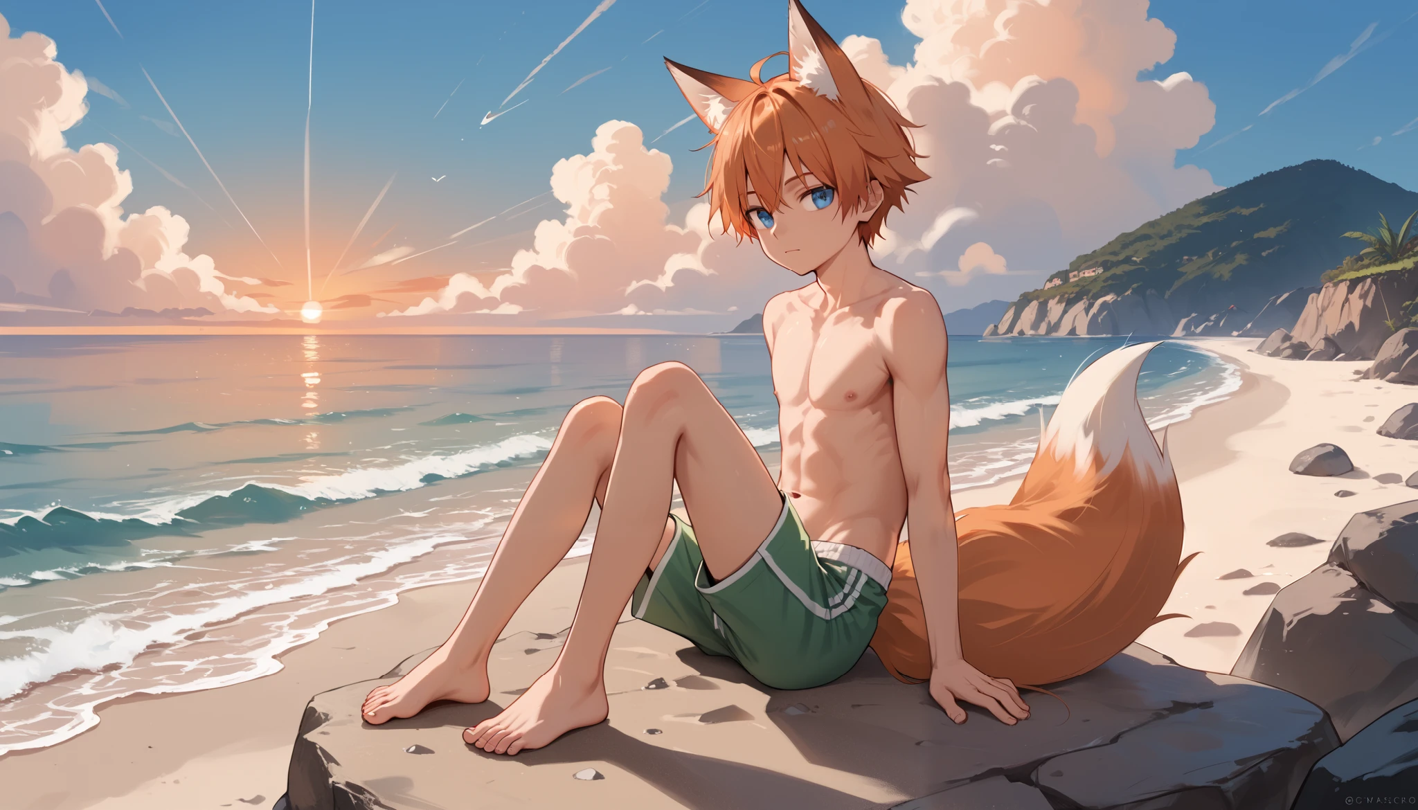 score_9_up, score_8_up, score_7_up, 1boy, solo, source_anime, Beautiful eyes, ((sfw, rating:general)), kemonomimi, , fox ears, fox tail, orange hair, short hair, blue eyes BREAK
Shirtless, male swimwear BREAK green shorts BREAK
Closed mouth, emotionless face, looking away, sitting on rocks, outdoors, beach, ocean, sunset sky, orange sky BREAK
