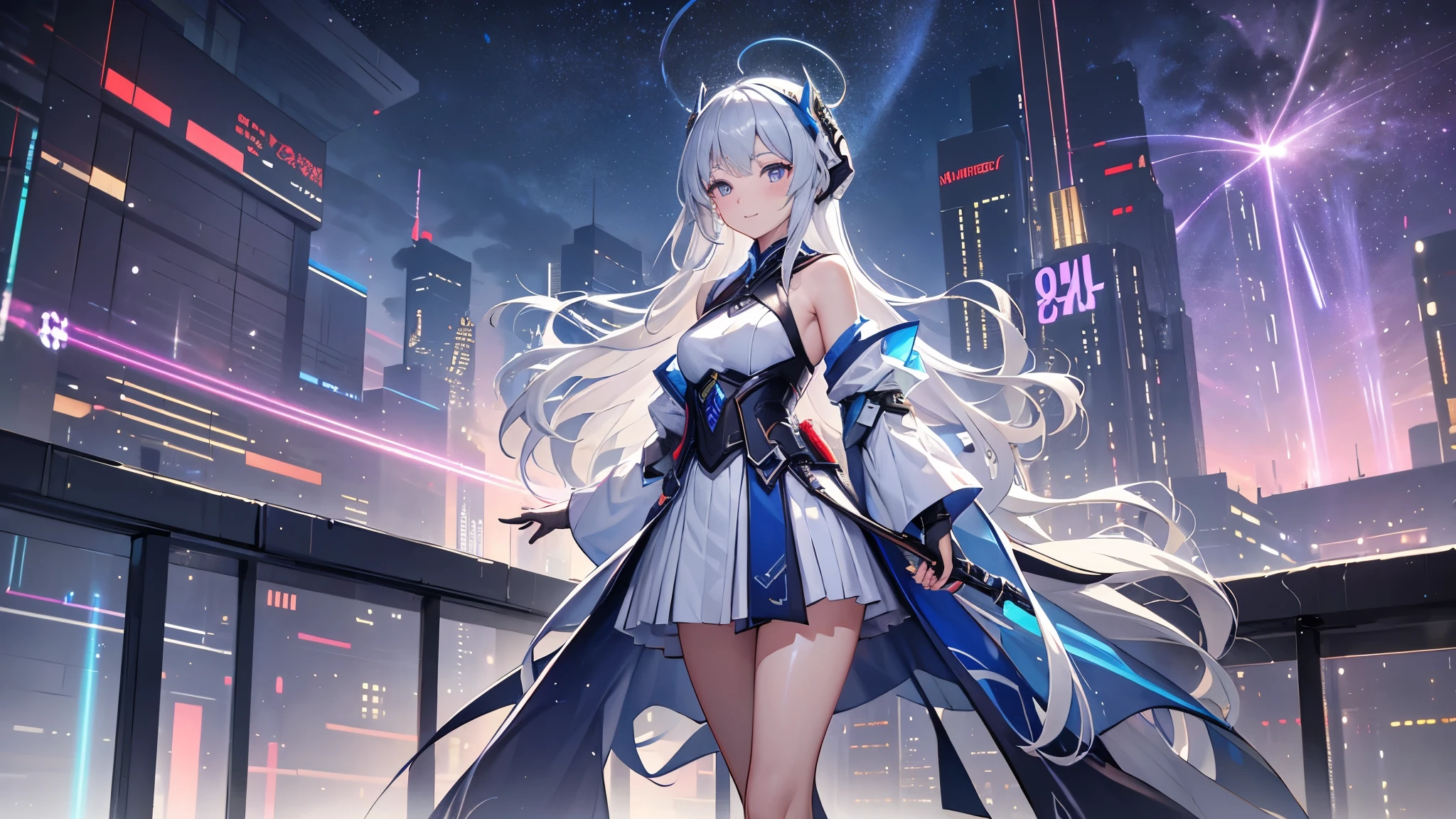 (    are of the best quality ,4K,8K,    high resolution, masterpiece :1.2),       Super Detailed      ,  girl ，Holy，(    silver white hair    ) ，obsessed，  Standing elegantly，玩得   happy   ，in love，  Lovely cloth    ，  Exquisite Outfits，pattern，  happy   ， Sci-fi city ，  Unique  ，Small amount of armor  ， confrontation ，rain，   sci-fi combat costume  ， laser auroras ，Falling 