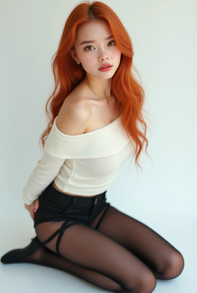 masterpiece, Best quality, 16 years, very skinny girl, in a short white dress, black tights, red panties, Long red hair, Bright makeup, wet clothes, wet body, wet hair, I'm sitting in a puddle, Crossed Eyes, rolls his eyes, show tongue, orgasm, Fox ears, drops of sperm on clothes, drops of sperm on face, eats a banana, Hand in panties
