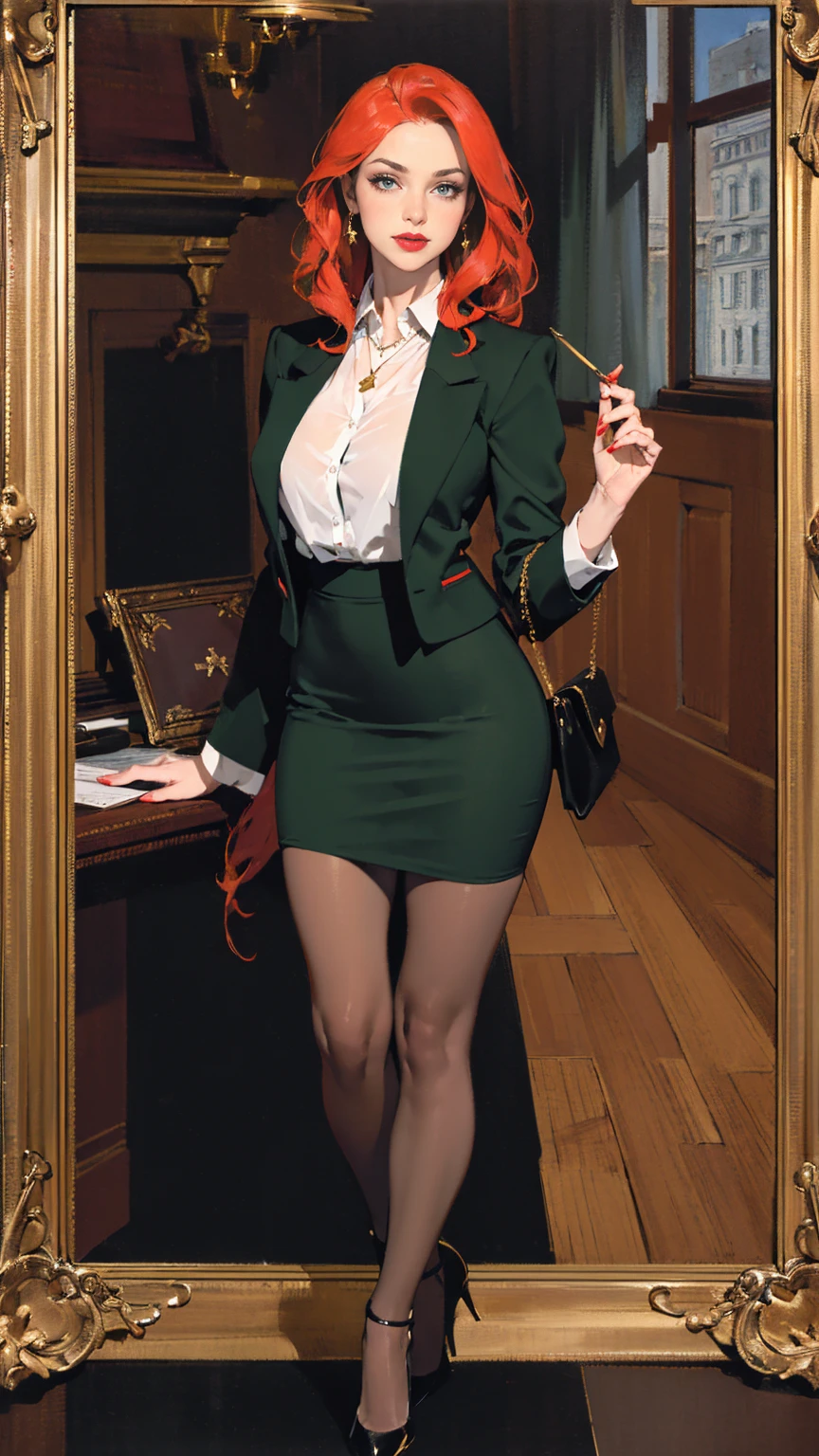 Mary jane wattson,Sculpted calve,Wide hips,Big breast,v neck Cleavage,Long sleeve Socielite dress,Skindentation,Green dress,Pearl dress,Hoopa bracelet,Green Drop jewel erring,Eyeshadow,Diamond wedding ring,Jewelry ring,Fancy Necklace,High ponytail Bun Hairstyle with Blunt bang hair,Short skirt,Heels,gaze on viewer,Fancy House background,1hand on hips,Long nail,Body facing viewer,Enchanced breast