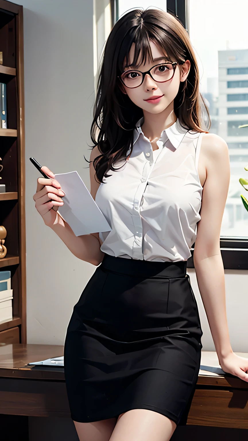 1lady sitting, (touching edge of glasses with fingertips), secretary, (office casual) sleeveless, stylish outfit, (pencil skirt), (id card) lanyard, (mature female:0.8), /(dark brown hair/) bangs, kind smile, (round glasses:1.1) eyewear, (masterpiece best quality:1.2) delicate illustration ultra-detailed, large breasts, (holding clipboard) BREAK (executive office) indoors, office, detailed background