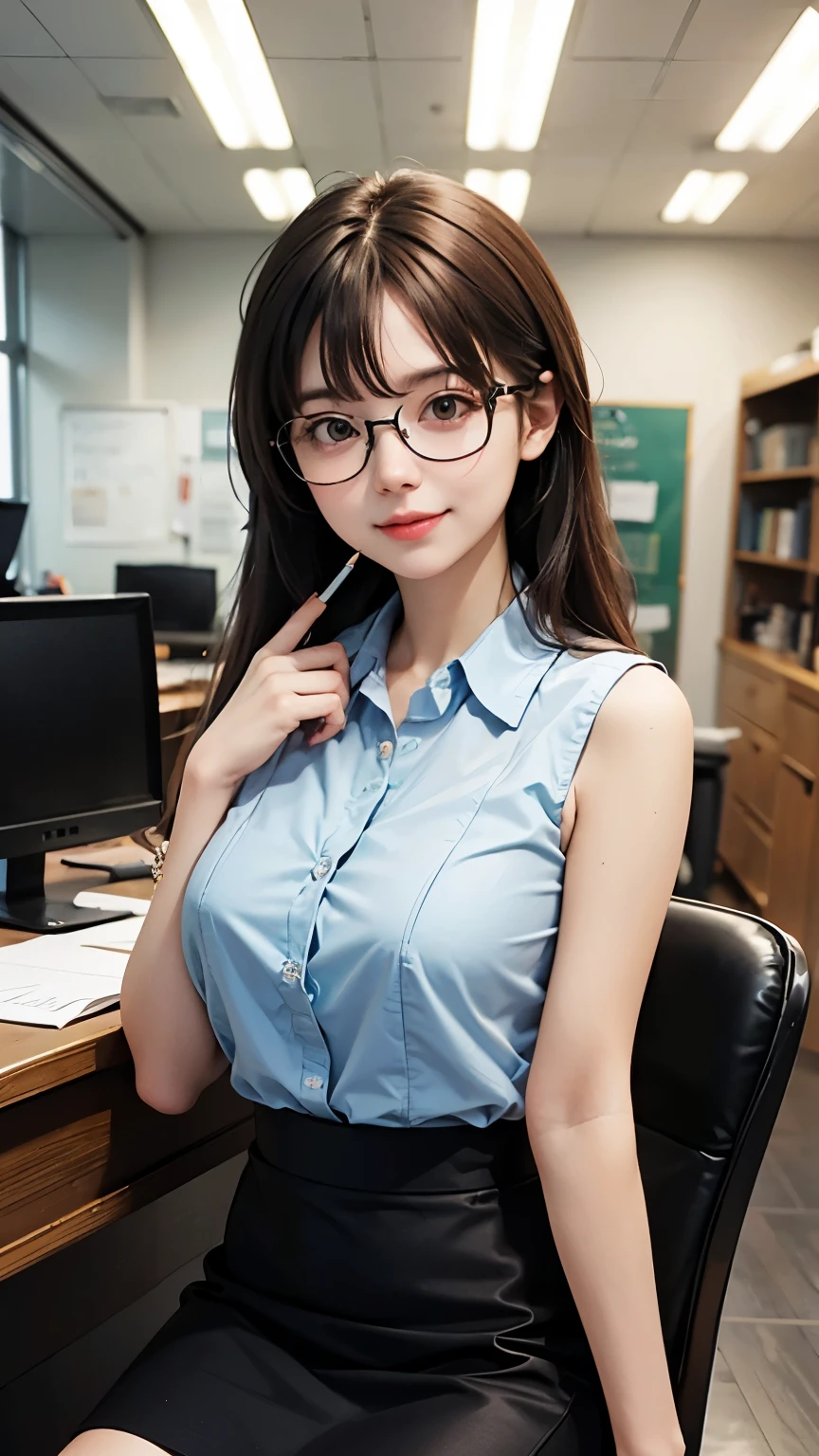 1lady sitting, (touching edge of glasses with fingertips), secretary, (office casual) sleeveless, stylish outfit, (pencil skirt), (id card) lanyard, (mature female:0.8), /(dark brown hair/) bangs, kind smile, (round glasses:1.1) eyewear, (masterpiece best quality:1.2) delicate illustration ultra-detailed, large breasts, (holding clipboard) BREAK (executive office) indoors, office, detailed background