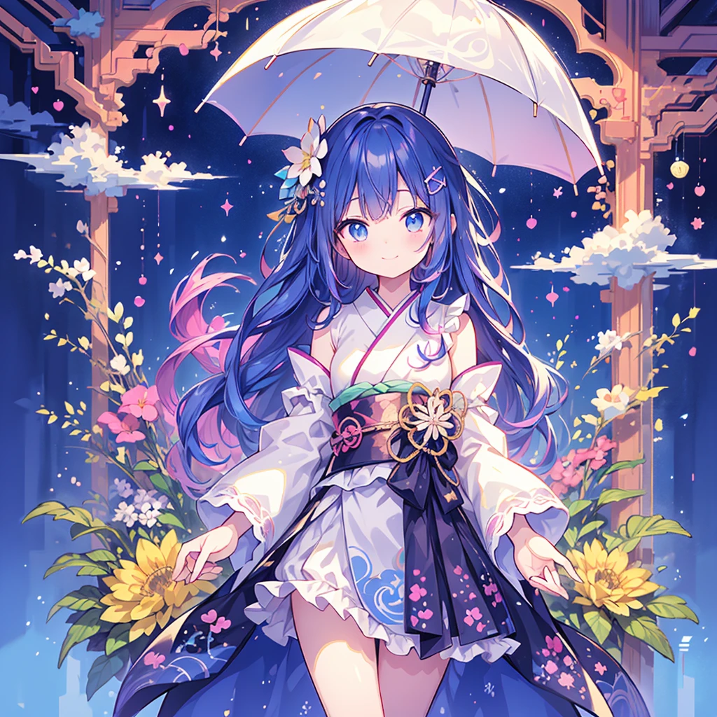 1boy, (dark blue hair:1.2), long hair, straight hair, hair between eyes, light frown, (purple lips:1.2), hair ornament, barefoot, japanese clothes, long sleeves, flower, hydrangea, oil paper umbrella, sayagata, male focus, off shoulder, kimono, blindfold, (black blindfold:1.3), chibi,  <lora:last:1>