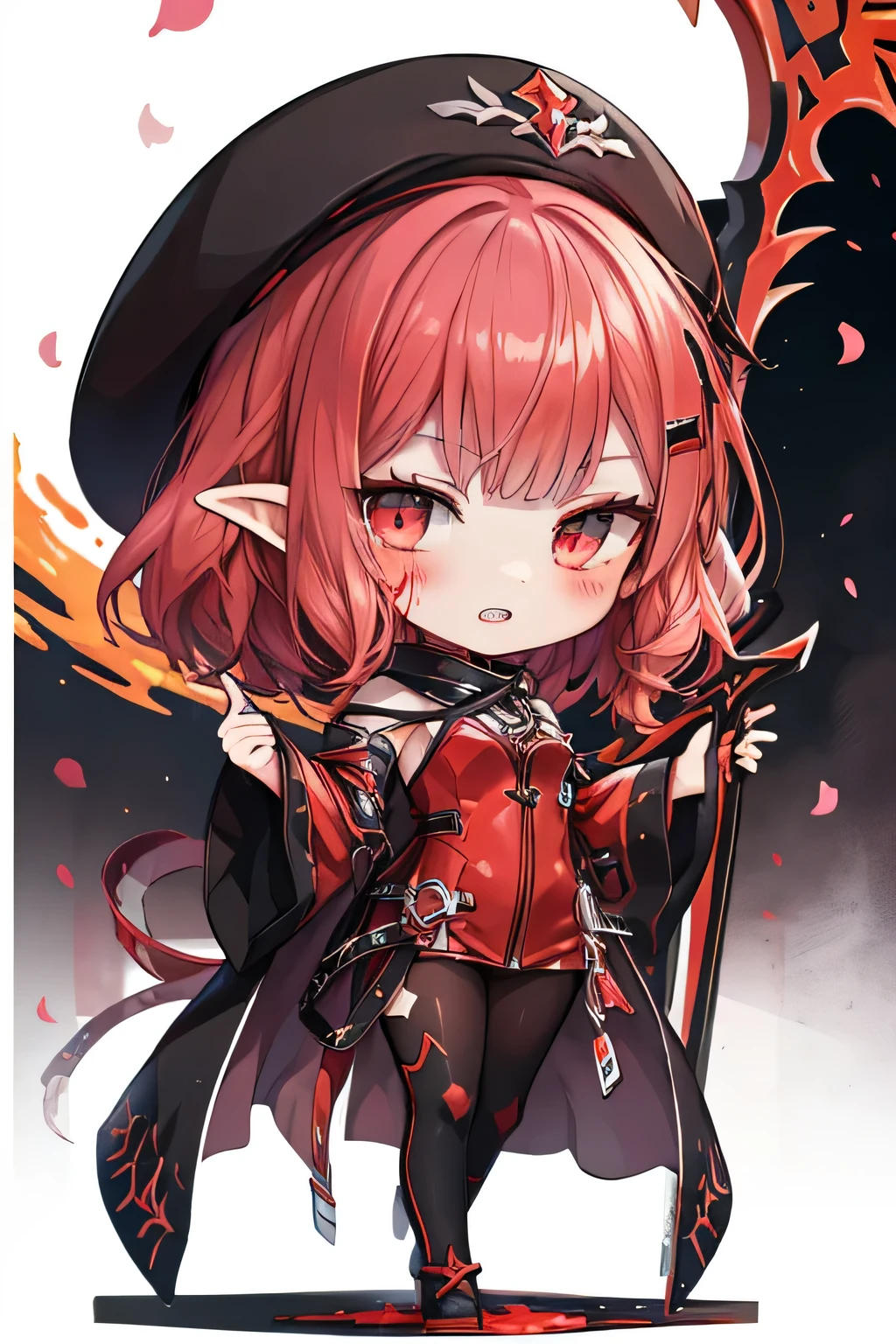 Serious girl((Bloody Queen)(Elsword )), ( showing teeth), standing, combat pose,  mmorpg background ,  mmorpg background (A stranger), complete anatomy,   graphic effects ,  ornament of a flower-shaped accessory over the head, aura, white beret, sword, height 167 cm ( 5 feet 6 inches ),  summoning circle, Castea skill Blood Falls (Elsword ), blood, Ojos rojos,  fire around, Goblin Fire , strong breeze ,  sakura petals and leaves, primera persona, blush,  looking at the viewer , Charm, Pausa de toque ciego  looking at the viewer ,  very detailed face , 8K, light and shadow effect.  Masterpiece,  The Best Quality , fullbody, Chibi, , (change:1.2), Nendoroide, PVC models 