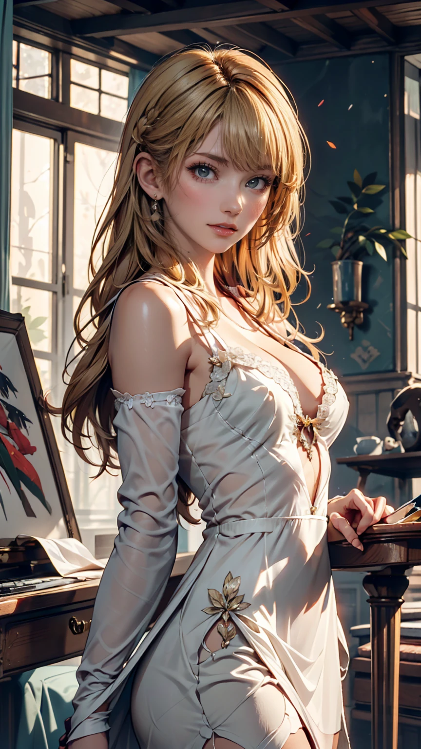 The 24-year-old girl, Very large breasts in a short European dress that shows cleavage、Black choker、Hair Flower((hair flower))、Palaces in France(Luxury)、Blonde、blue eyes、Rouge((rot))Lips pulled back