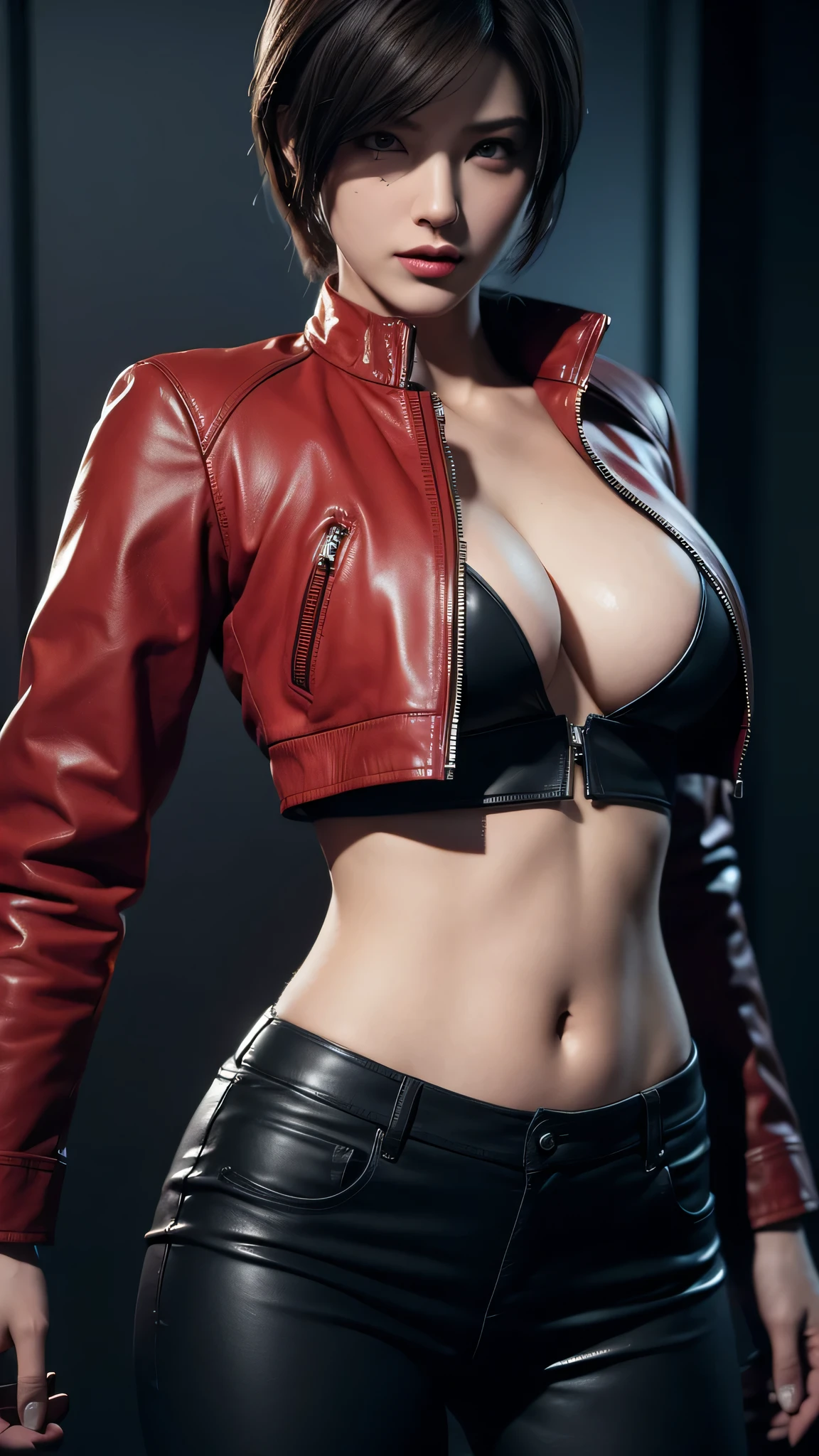 (Ada Wong)short bobcut dark hair, gorgeous eyes, high arched eyebrows, seductive look,looking at viewer,big breasts,exposed cleavage, (unzipped open crimson silk shirt and black leather pants:1.5),pistol shoulder holster, black vinyl pants, stilettos, midnight modern metropolis Paris France neon signs background, spot lighting, backlight on hair, shallow depth of field, bokeh, sexy pose(no nsfw images)