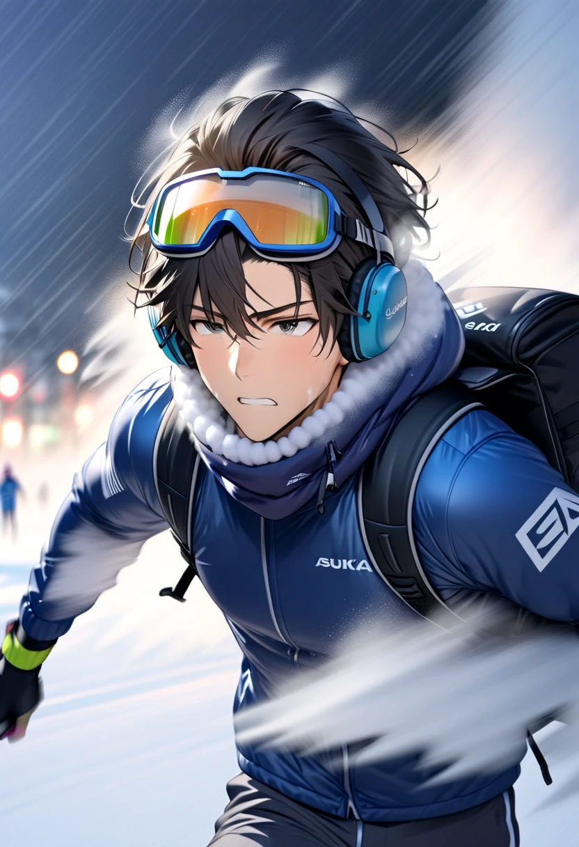 Handsome young man with dark hair "Asuka" , Ski sprint through a severe blizzard , serious face , Goggles, ear warmers and neck warmers  , dark blue-toned snowboard wear with blue pole stock and Uber Eats backpack on the back , Snow powder fog spreading up (( motion blur :3.5 , Fog filter effect:5.5 , Blurred Background))