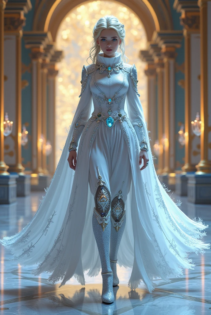 ((Full body photo, standing, feet on the floor))(((full body photo)))  high quality, 8k, hyper realistic, highly detailed, intricate, photorealistic, cinematic lighting, dramatic, 1 beautiful woman, blue eyes, long white hair, colorful ornate clothing, futuristic jewelry, dynamic pose, stunning, powerful, epic, cinematic, illustration, concept art