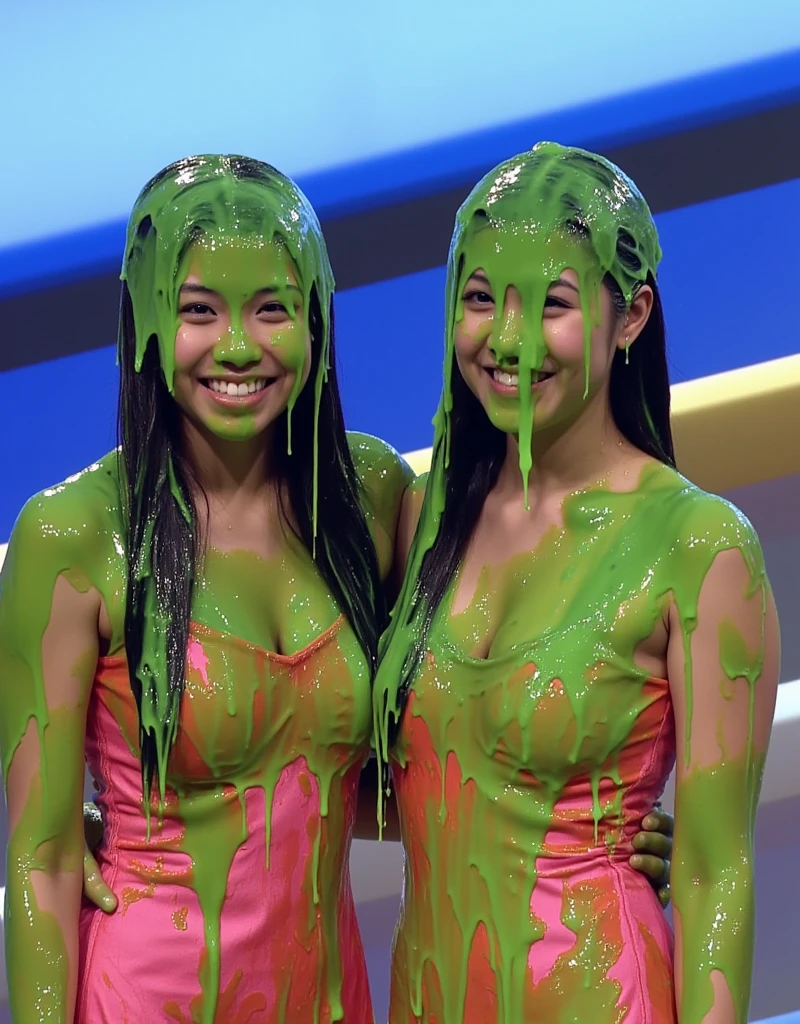 (2 women hugging: 1.9), 8k, hd, masterpiece, hyper realistic, super detailed, extreme realism, photo realistic, (2 models: 1.9), freckles, school uniform, white shirt and skirt, (inside game show set: 1.9), game show studio, cleavage, beautiful face, delicate eyes, detailed faces, (wet slime dripping down both women: 1.2), crying