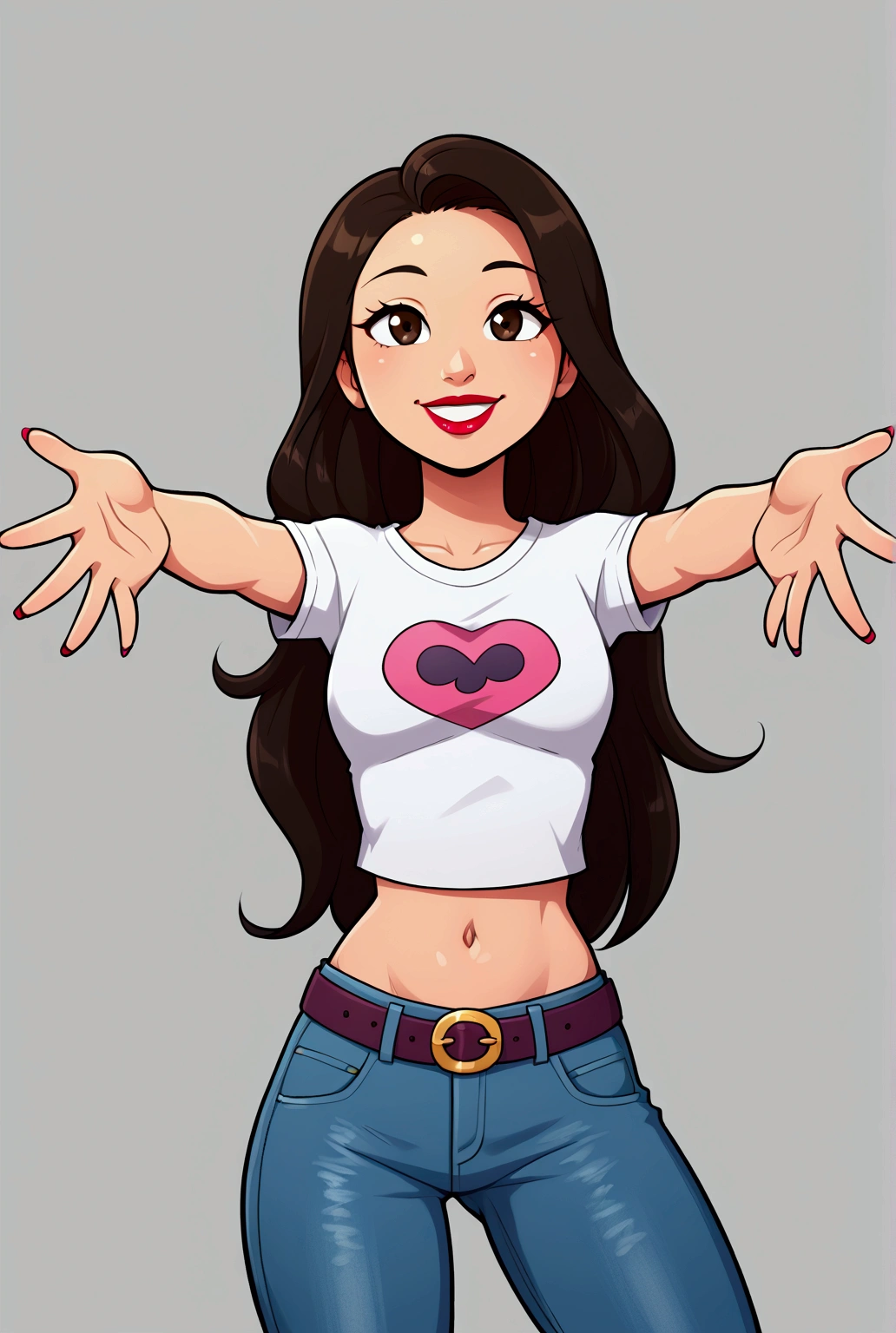 Asian woman, long hair, solo, wearing lipstick, small white t-shirt, crop top, jeans, belt, midriff, navel, smile, outstretched arms