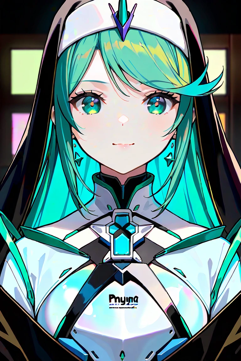 Anime, Girl, (((1girl))), (((Waifu, Xenoblade Chronicles 2, Pneuma Waifu))), (((Seafoam Green Hair, Long Hair))), ((Seafoam Green Eyes eyes:1.3, Upturned Eyes: 1, Perfect Eyes, Beautiful Detailed Eyes, Gradient eyes: 1, Finely Detailed Beautiful Eyes: 1, Symmetrical Eyes: 1, Big Highlight On Eyes: 1.2)), (((Lustrous Skin: 1.5, Bright Skin: 1.5, Skin Fair, Shiny Skin, Very Shiny Skin, Shiny Body, Plastic Glitter Skin, Exaggerated Shiny Skin, Illuminated Skin))), (Detailed Body, (Detailed Face)), (((Stoic expression))), Young, Idol Pose, (Best Quality), ((((Nun Robes))), (((Habit))), ((((Techwear))), (((Thigh-high Heeled Boots))), Holy Cross Motif), High Resolution, Sharp Focus, Ultra Detailed, Extremely Detailed, Extremely High Quality Artwork, (Realistic, Photorealistic: 1.37), 8k_Wallpaper, (Extremely Detailed CG 8k), (Very Fine 8K CG), ((Hyper Super Ultra Detailed Perfect Piece)), (((Flawlessmasterpiece))), Illustration, Vibrant Colors, (Intricate), High Contrast, Selective Lighting, Double Exposure, HDR (High Dynamic Range), Post-processing, Background Blur