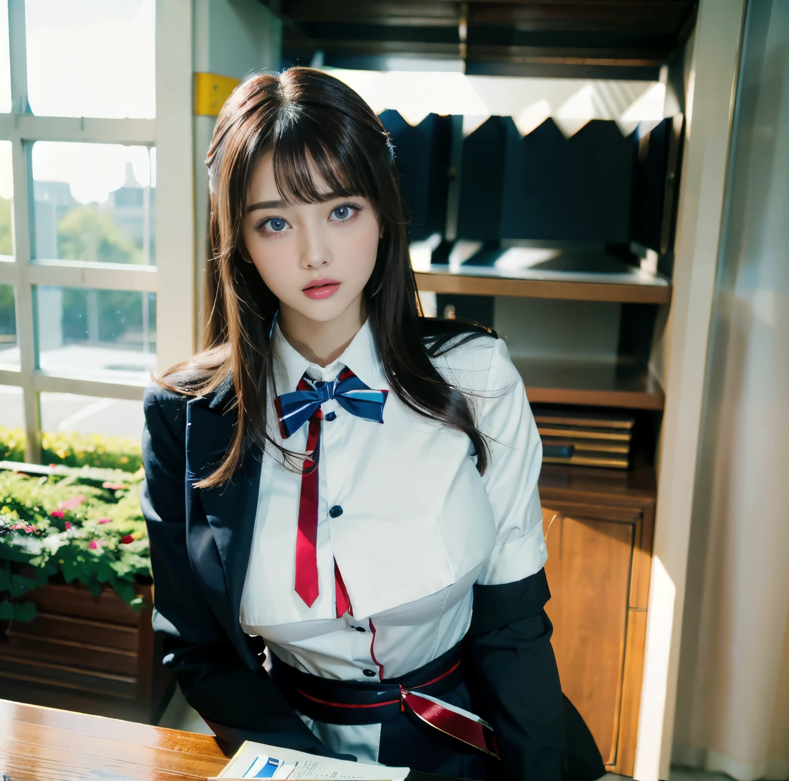 Realistic, High resolution, Soft Light,1 female, alone, Hips rise high, (Detailed face),(Female student)（(Girl sitting on train))，Colorful Hair、Shortcuts，wear、(White blazer emblem on chest)、(Translucent white blouse)、(Red bow tie)(Check skirt),Long Hair、(ponytail)、((Under the skirt)）、（White lace panties are visible）、(close your eyes),(Spread your legs)