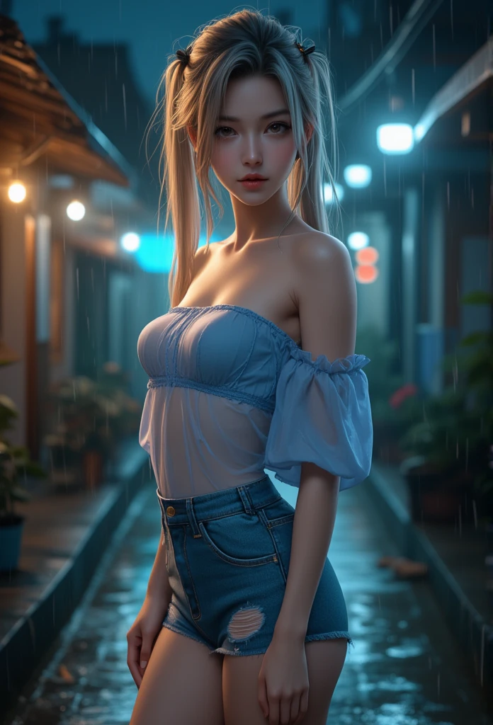 (very delicate and beautiful work),(masterpiece),1 girl,Norwegian woman in a white dress, advanced details, hip leak, twisted ponytail, attractive look, green eyes, Clear and beautiful eyes,exquisite earrings , simple blurred background, very detailed explanation, beautiful and attractive, Ultra-fine painting, exquisite face, exquisite figure, exquisite clavicle, cute lips, beautiful breasts, Medium chest, soft back, (8K, Raw photo, highest quality, masterpiece: 1.2), (realistic, photo-realistic: 1.37), 1 girl, cute, cityscape, night, rain, Wet, professional lighting, photon mapping, radio city, Physically based rendering,(nsfw:1.6), sit on a bench
