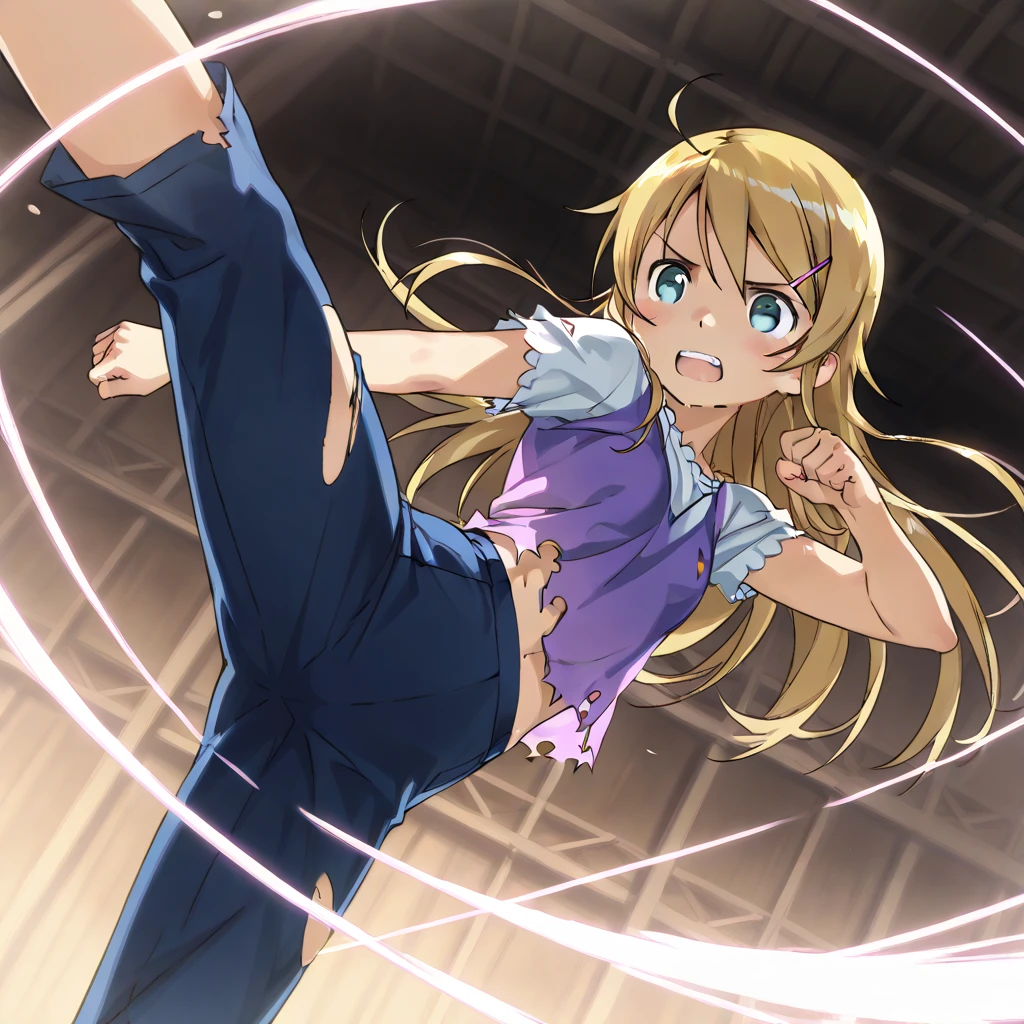 (kirino kousaka,), 1girl, 1man, battle,man kicking girl, cute girl, Realistic image, detailed, score_7, score_8, score_9, torn clothes, smirk face, pain face, shock wave effect, 