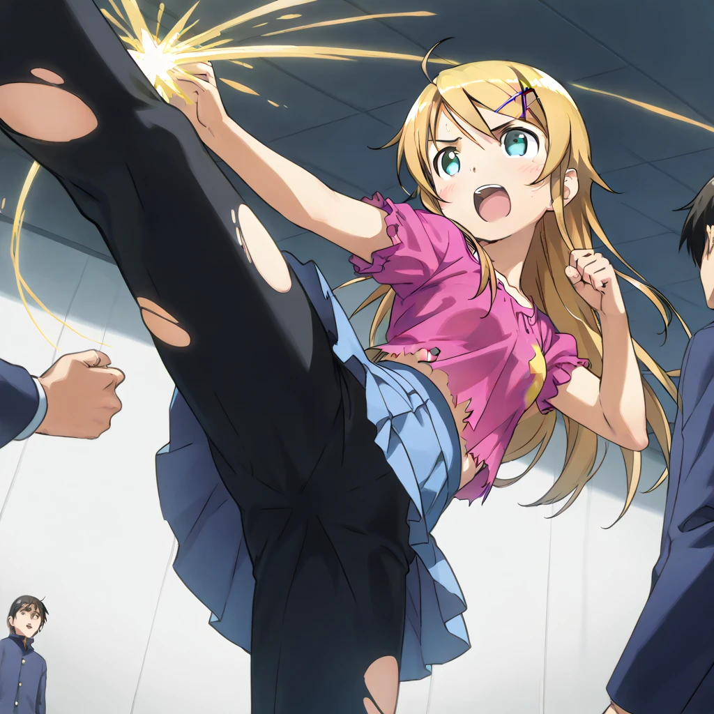 (kirino kousaka,), 1girl, 1man, battle,man kicking girl, cute girl, Realistic image, detailed, score_7, score_8, score_9, torn clothes, smirk face, pain face, shock wave effect, 