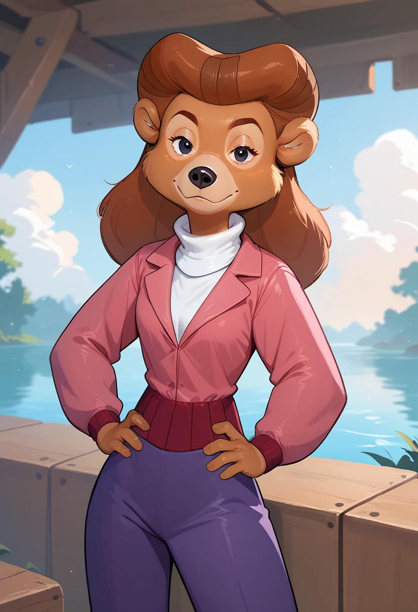 score_9, score_8_up, score_7_up, rating_safe, source_furry, solo, rebecca cunningham, anthro, bear, brown hair, white turtleneck, pink jacket, purple pants, cowboy shot, wooden docks, water, hands on hips, looking at viewer, lidded eyes