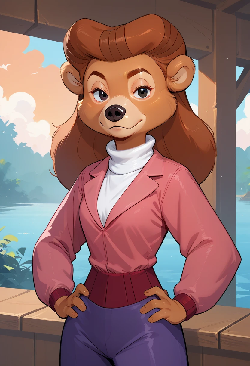 score_9, score_8_up, score_7_up, rating_safe, source_furry, solo, rebecca cunningham, anthro, bear, brown hair, white turtleneck, pink jacket, purple pants, cowboy shot, wooden docks, water, hands on hips, looking at viewer, lidded eyes