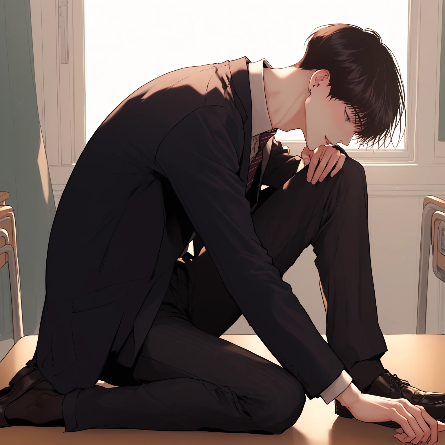 a schoolboy who is in love with his teacher, black hair, on his knees, in a sensual pose, seducing teacher