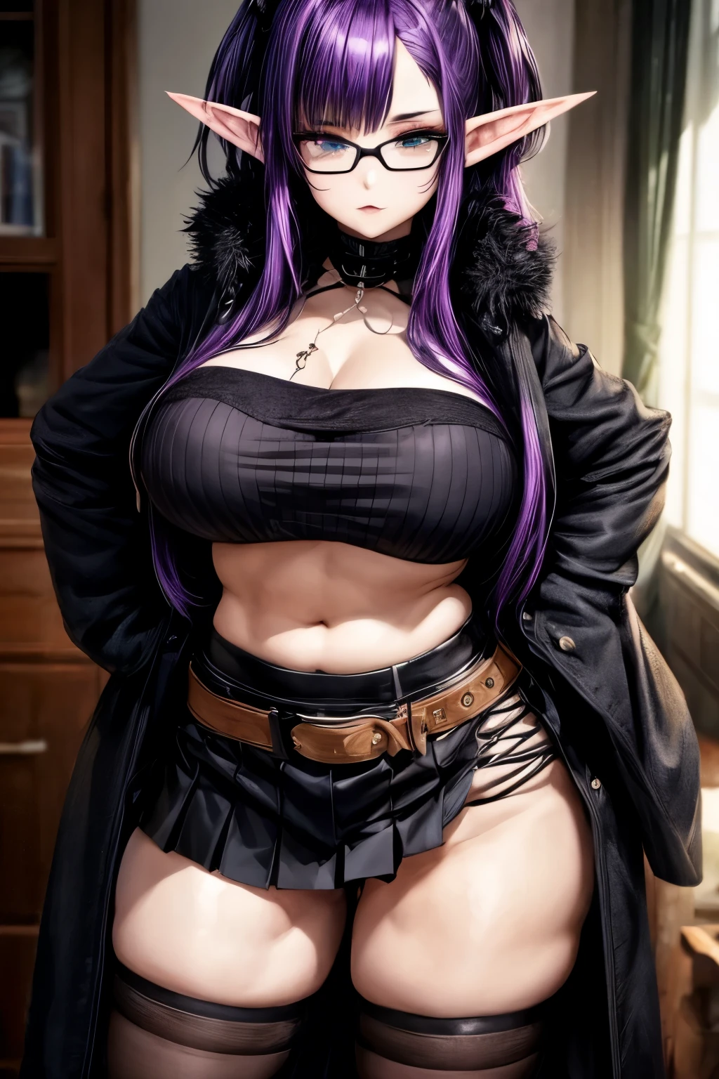 Hot Goth ,Very long hair,  purple hair, Breasts, elf ears ,shy ,  high resolution ,  1 girl, anime, chubby girl, cute face,long sleeve black crop top,long black skirt,fluffy winter jacket ,fluffy clothing,black thigh highs, black knee high boots ,yellow eyes, round glasses, pale skin, short girl, cute girl, dark elf girl, not too revealing clothes